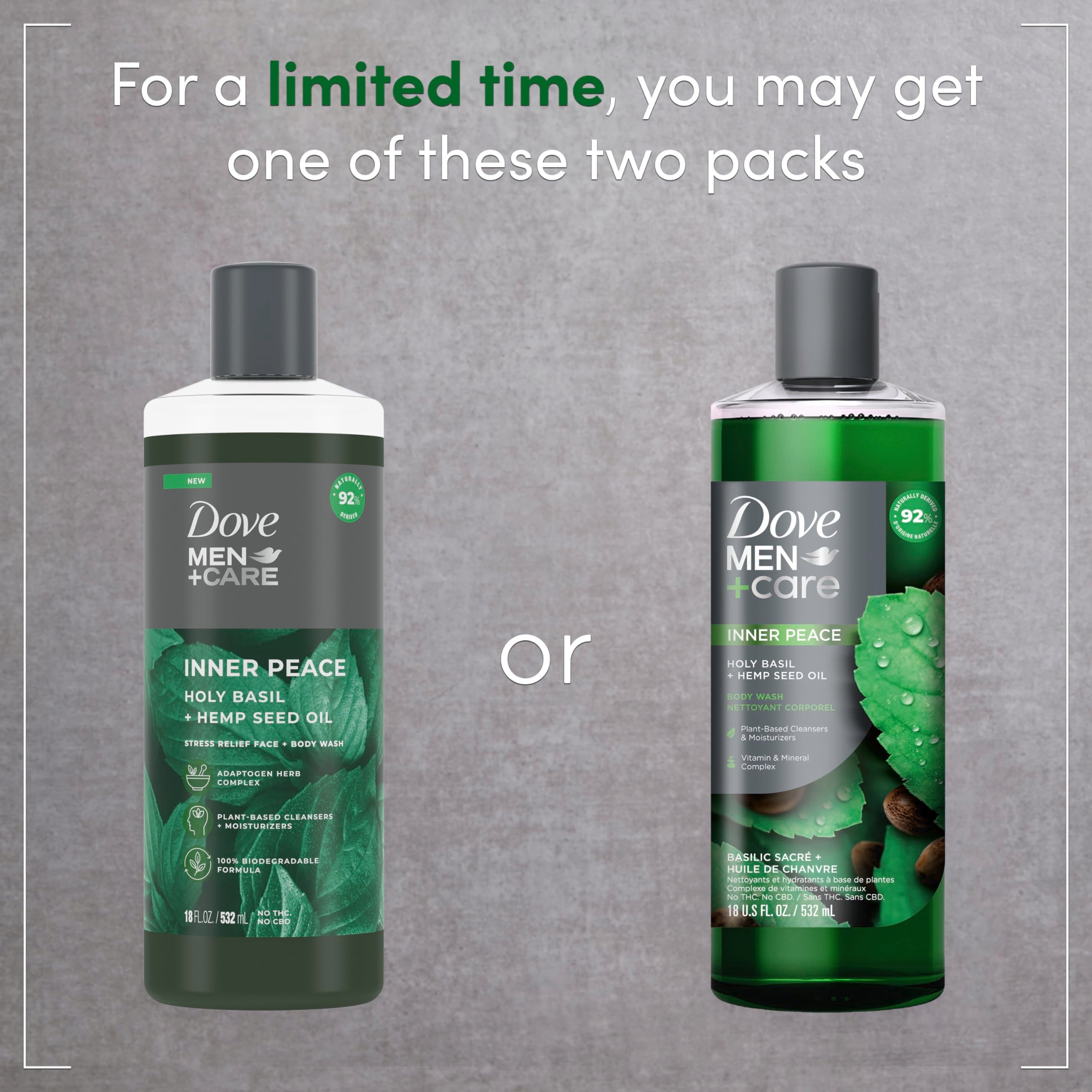 Dove Men+Care Body Wash Holy Basil + Hemp Seed Oil 4 Count To Rebuild Skin In The Shower With Plant-Based Cleansers And Moisturi