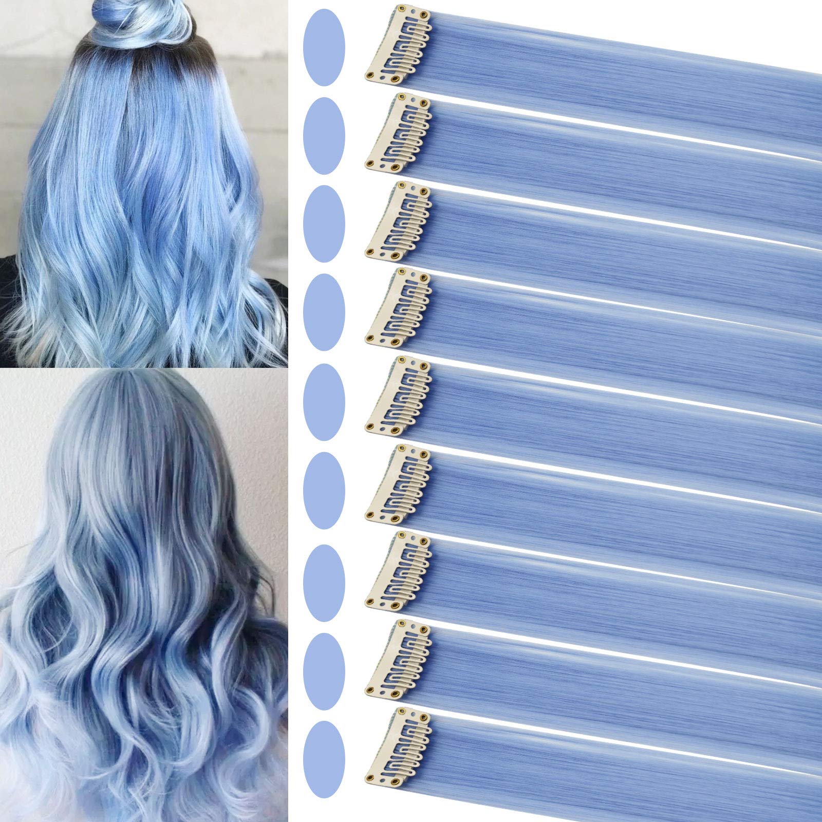 SARARHY 16 PCS Colored Hair Extensions Clip in Holiday Party Highlights 21 inch Straight Synthetic Light Blue Hairpieces for Gir