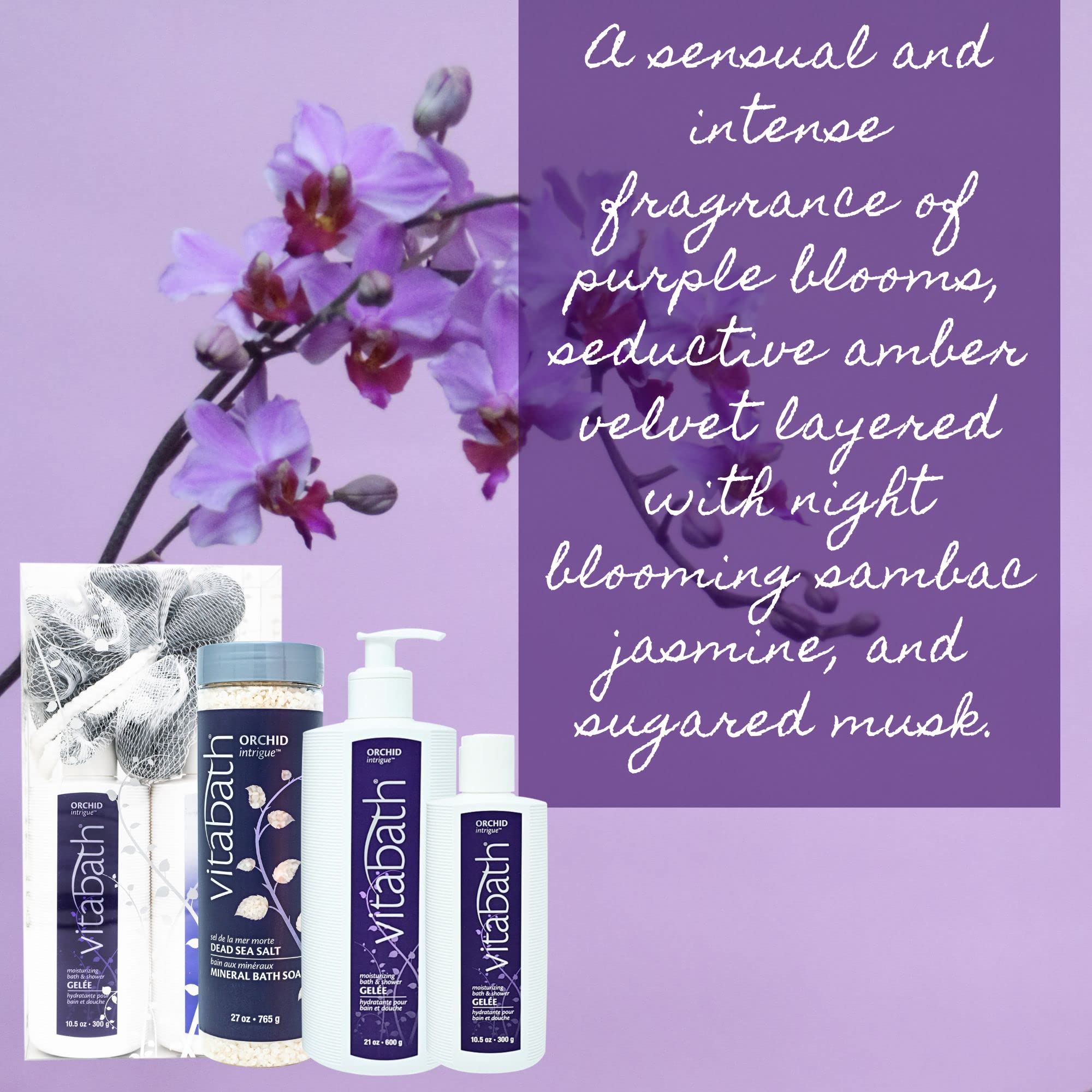 Vitabath Orchid Intrigue Everyday Skincare Set Moisturizing Shower Gel Wash, Reviving Lotion & Exfoliating Body Scrubber Pouf -