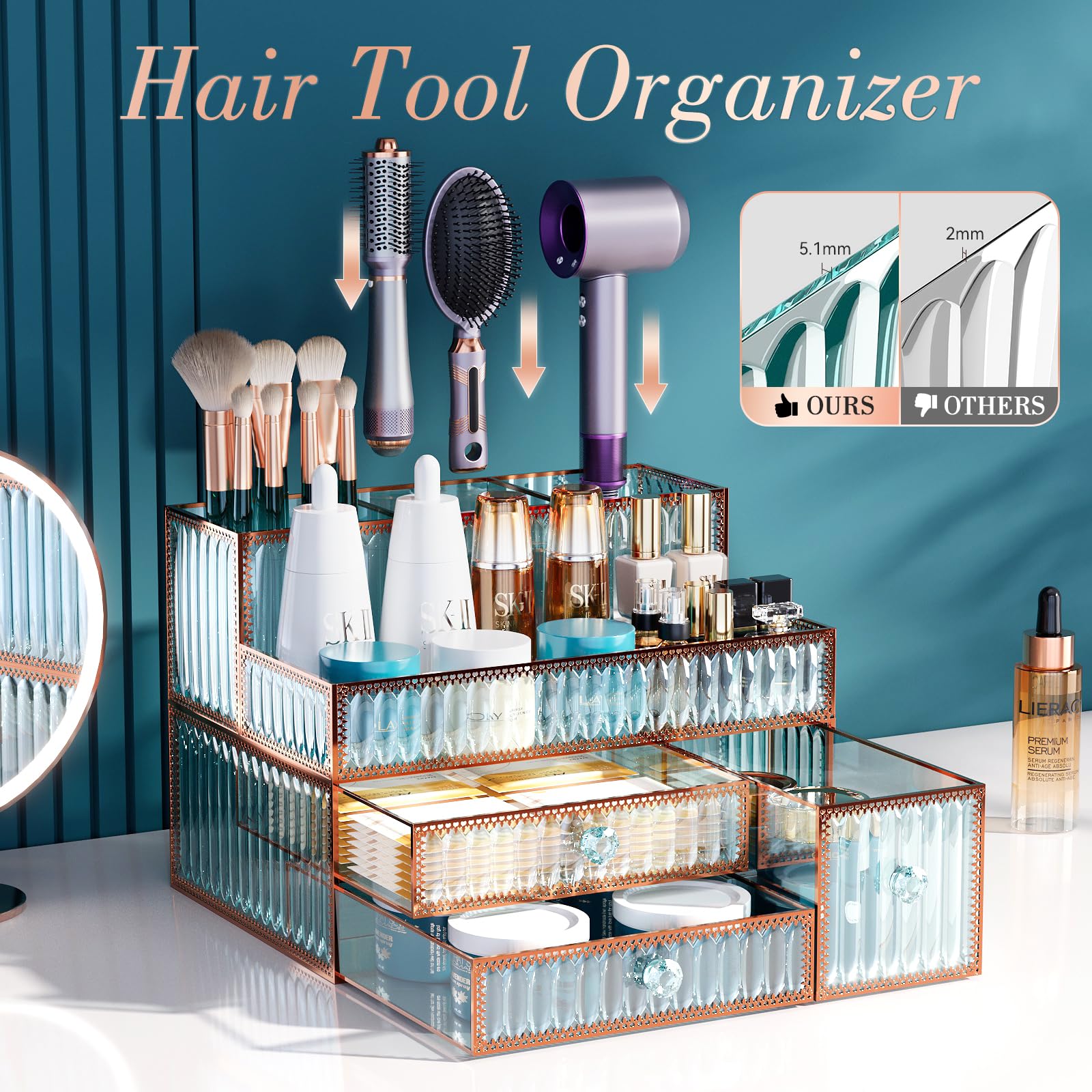 Youdepot Makeup Organizer Countertop - Tempered Glass Vanity Organizer For Cosmetics, Skincare, Hair Tools, Brushes, Perfume - M