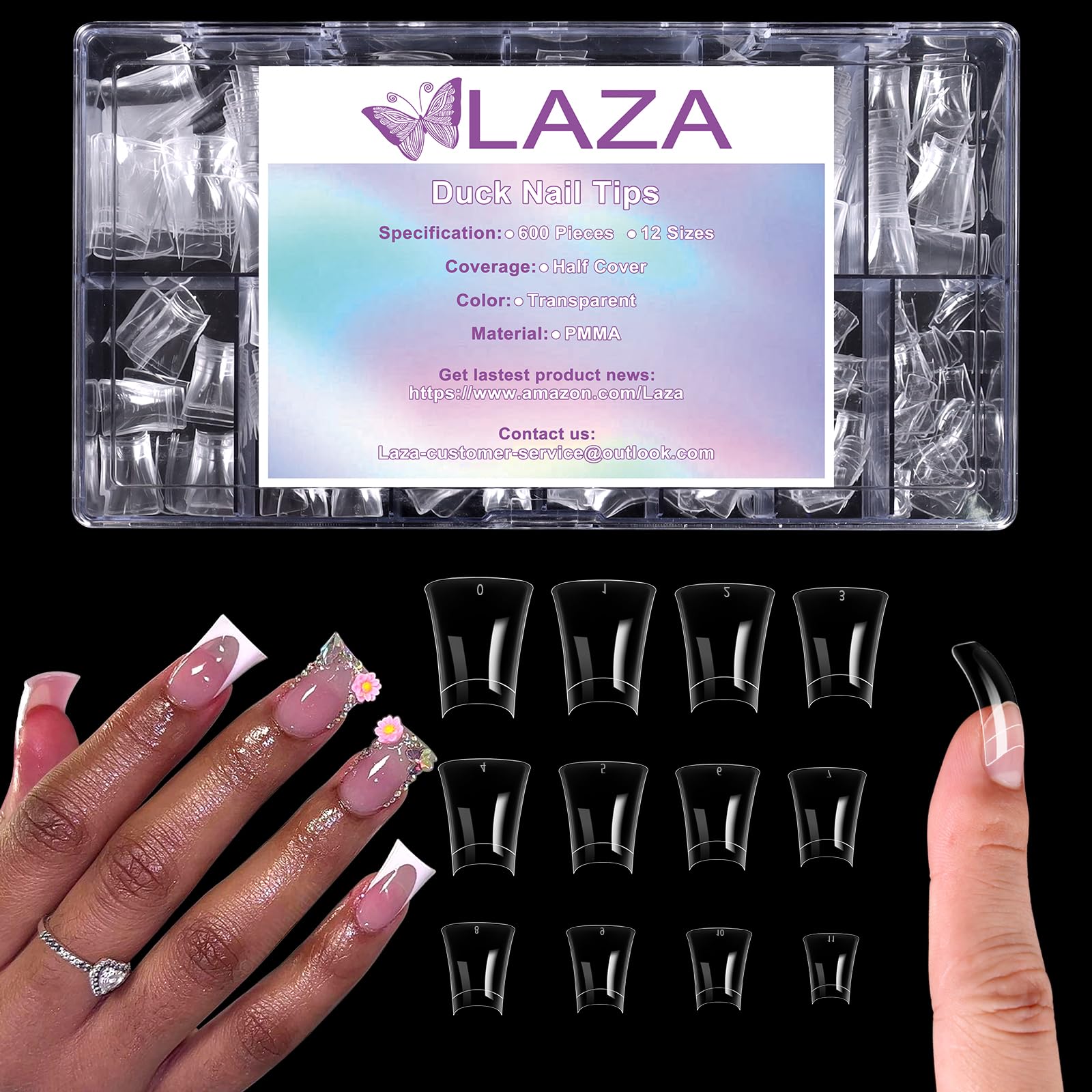 Laza 600pcs Short Duck Nail Tips 12 Sizes Box-packed Clear Duck Nails Half Cover Wide Nail Tips French False Nail Tips for Acryl