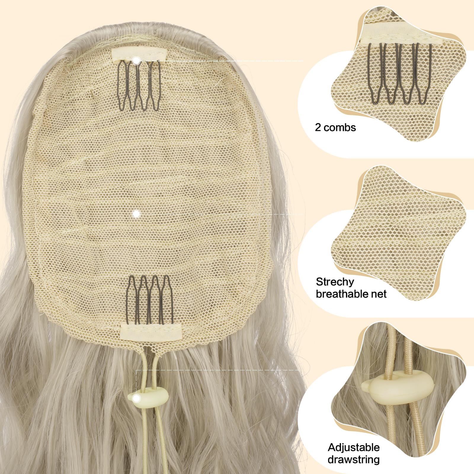 Feshfen Ponytail Extensions, Drawstring Ponytails Hair Extension Platinum Silver Blonde Long Curly Wavy Hair Piece Synthetic Pon