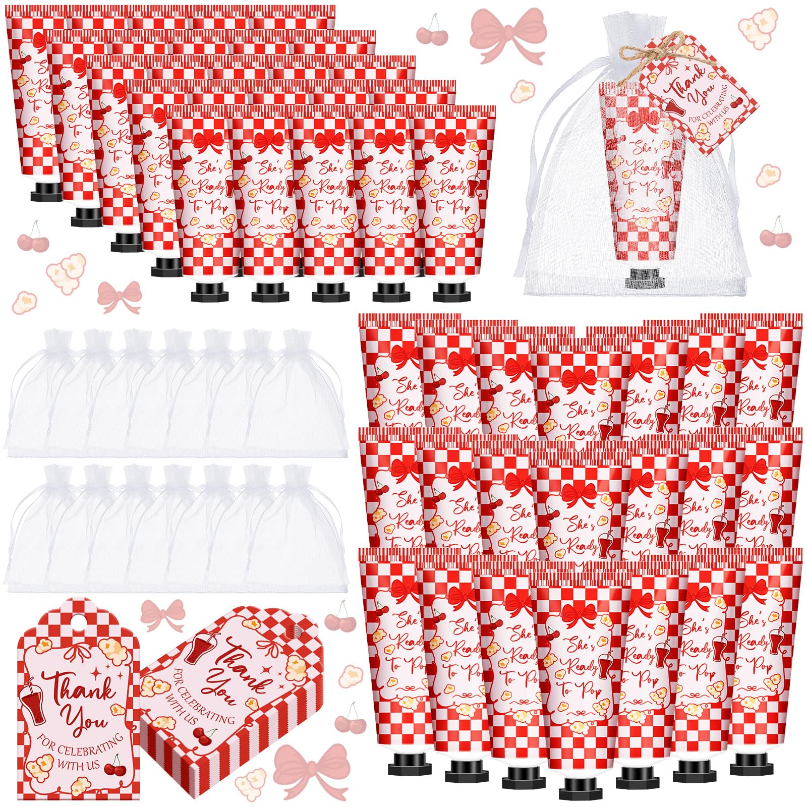 60 Sets Shes Ready to Pop Baby Shower Hand Cream Gifts Bulk Coquette Cherry Soda Hand Lotions with Thank You Tags Organza Bag P