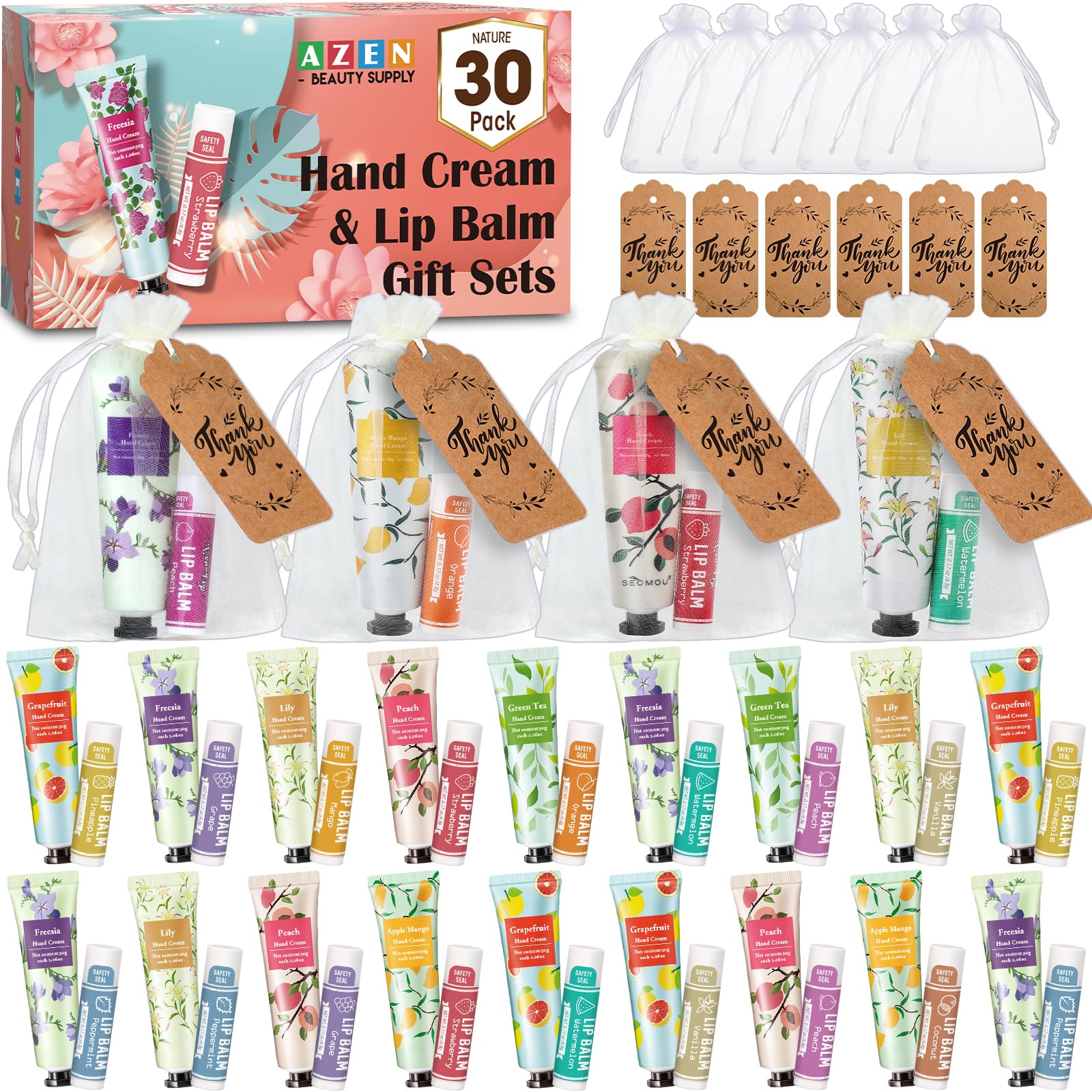 Azen 30 Sets Hand Cream Bulk And Lip Balm Bulk Set, Bridal Shower Gifts For Guests With Organza Bag Thank You Card, Bridal Weddi