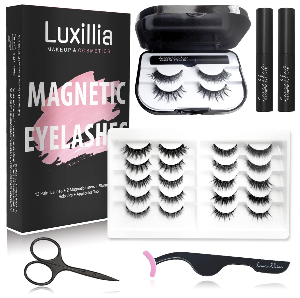 Luxillia Magnetic Eyelashes With Eyeliner 16 Piece Set, Most Natural Looking Magnetic Lashes Kit With Applicator, Best 8D, 3D Lo