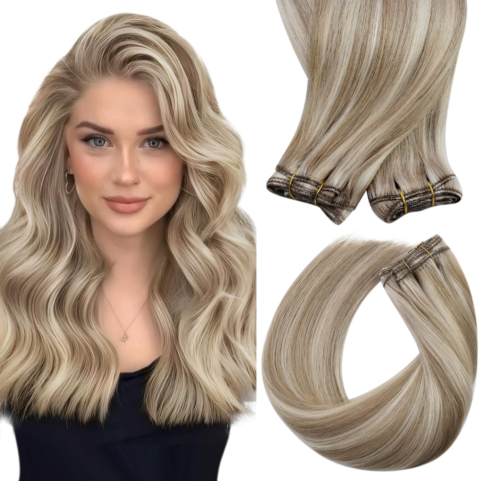 Sunny Hair Sew in Hair Extensions Real Human Hair Highlight Weft Human Hair Extensions Light Brown Mix Platinum Blonde Sew in Bu