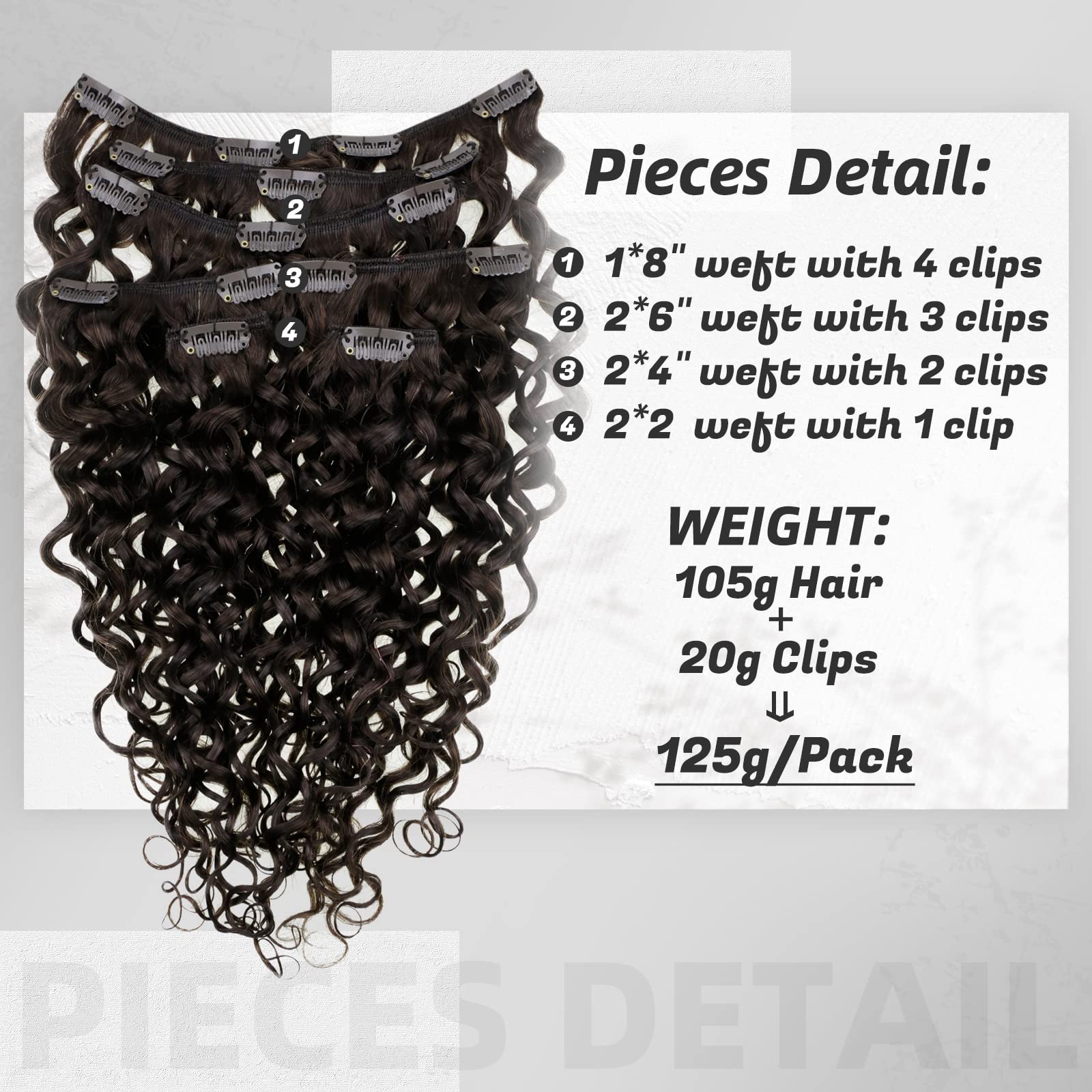 Hetto 14'' Curly Clip in Hair Extensions Human Hair #2 Darkest Brown Clip in Extensions Natural Wave Hair 105+20 Grams 7 Pieces