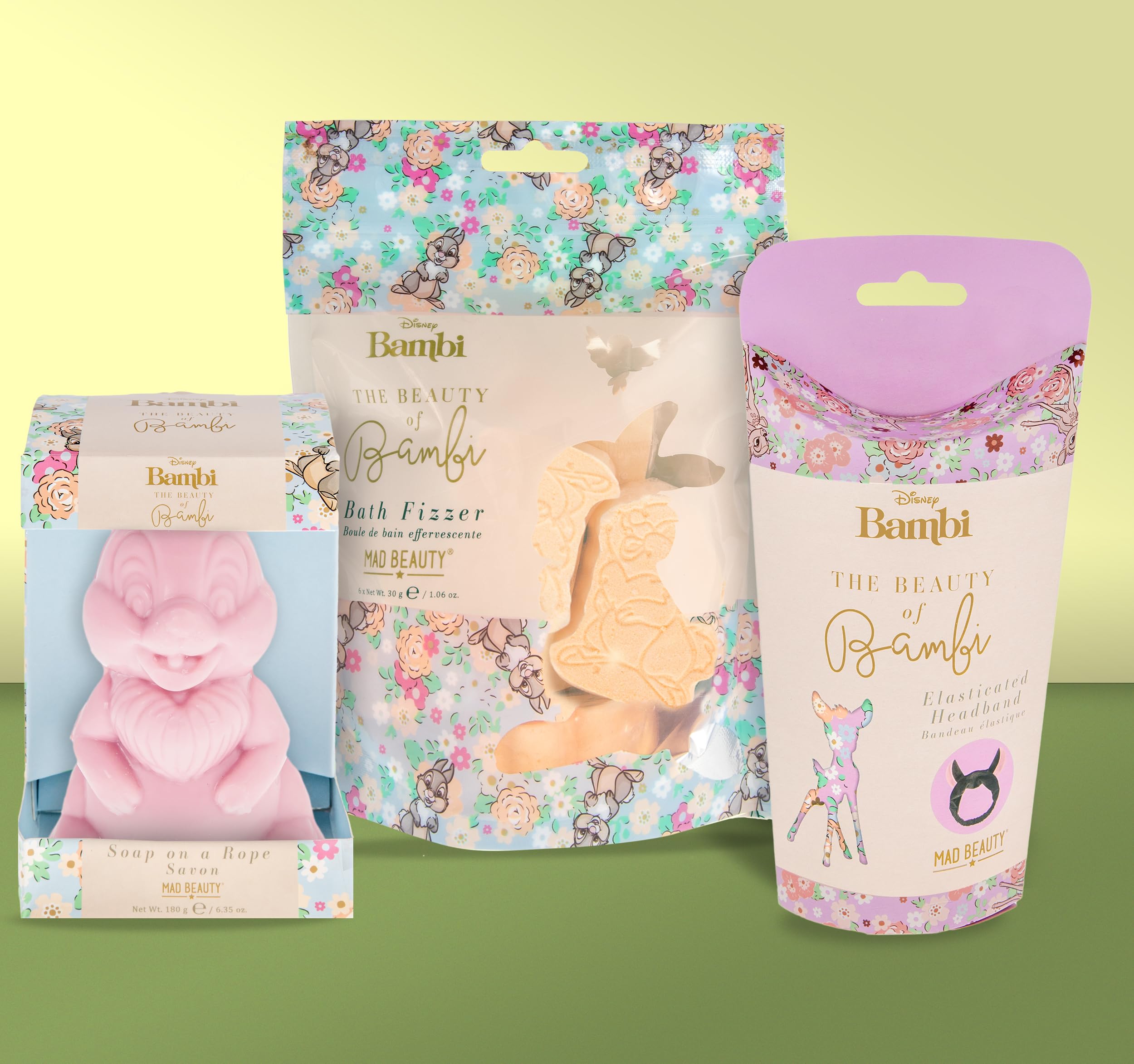 MAD BEAUTY Disney Tumper Pamer Set Gift Bundle, Pack of 6 Thumper Bath Fizzers, Bambi Elastic Headband, Thumper Soap on a Rope,