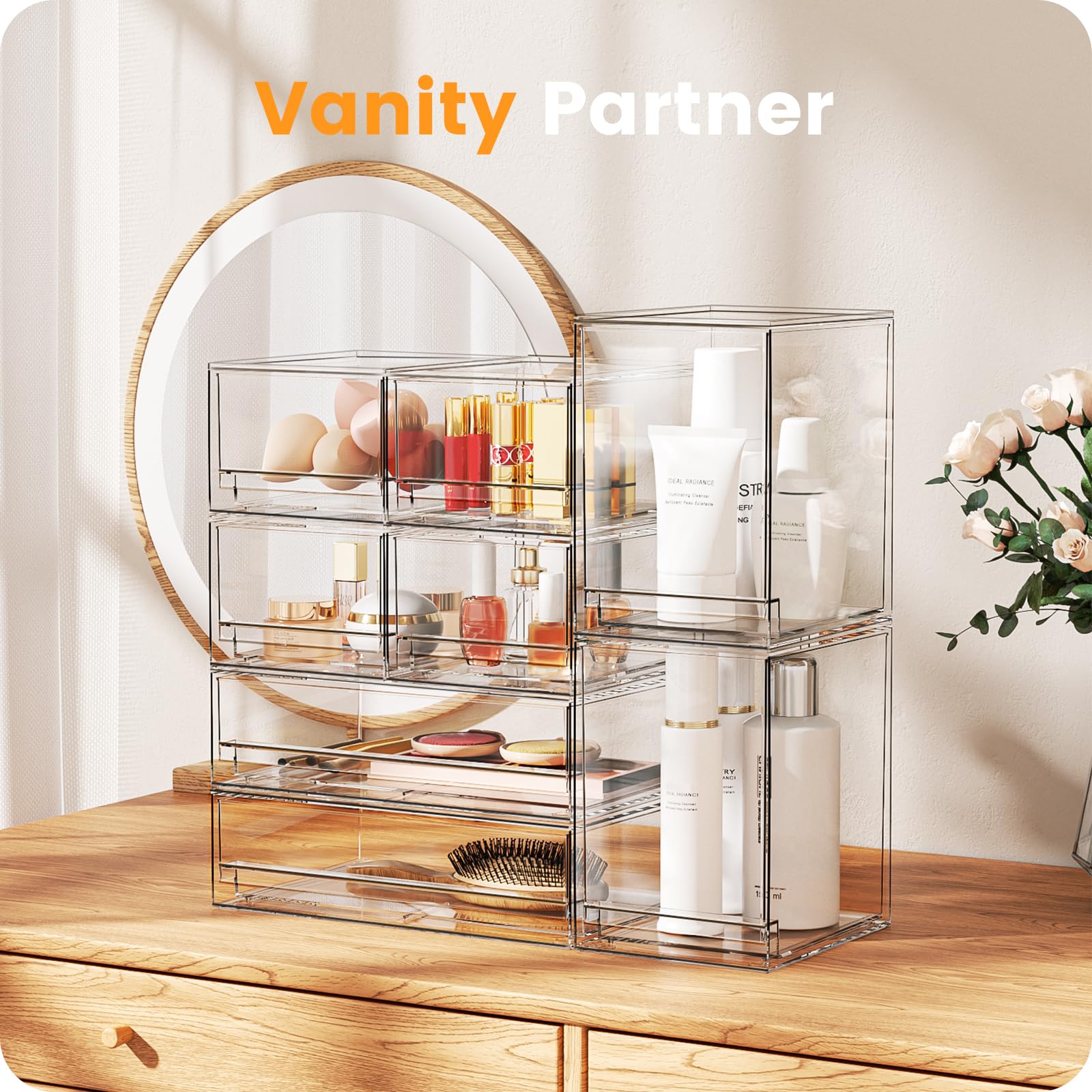 A-LuGei Acrylic Stackable Storage Drawers, Clear 7.5" L Makeup & Bathroom Organizer, FBA-YZ021S4
