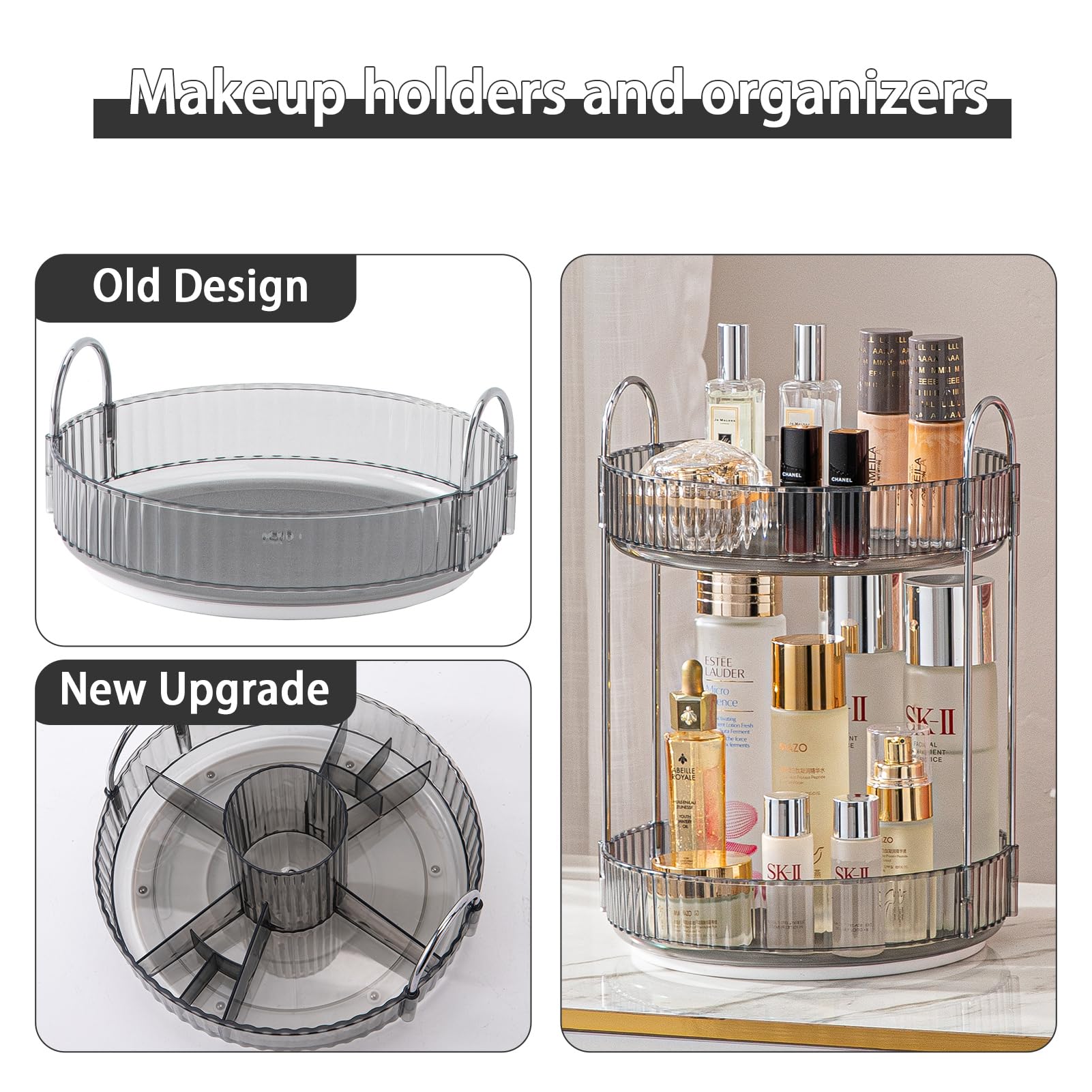 Shuang Qing 360 Rotating Makeup Organizer, High-Capacity Bathroom Countertop Vanity Organizers, 2 Tier Spinning Skincare Storage