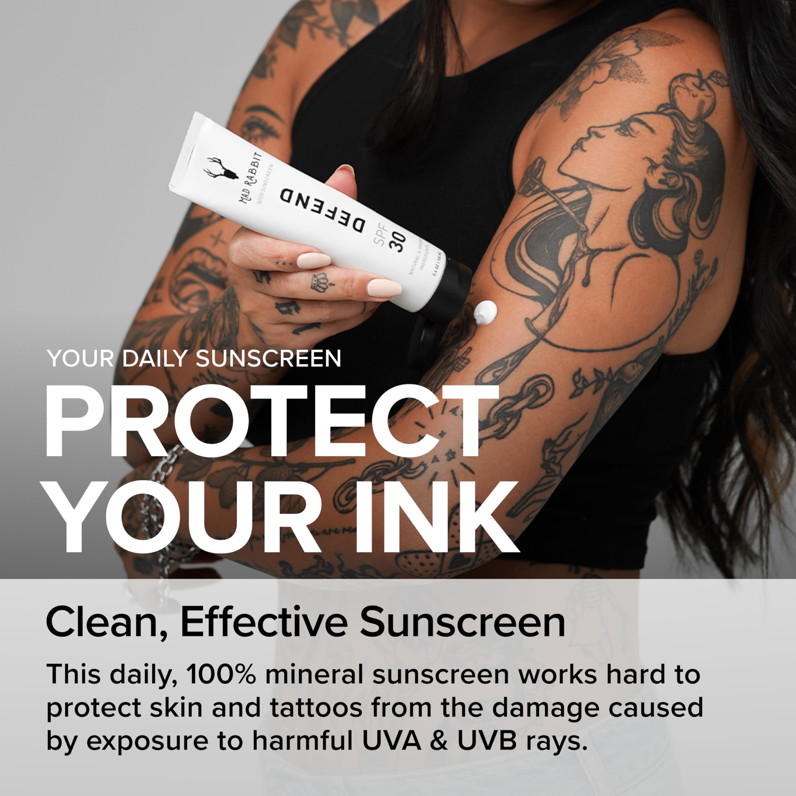 Mad Rabbit Defend Tattoo Sunscreen- SPF 30 100mL Tube- Mineral Sunscreen Lotion - Tattoo Fade Protection and Moisturizer, Anti-A