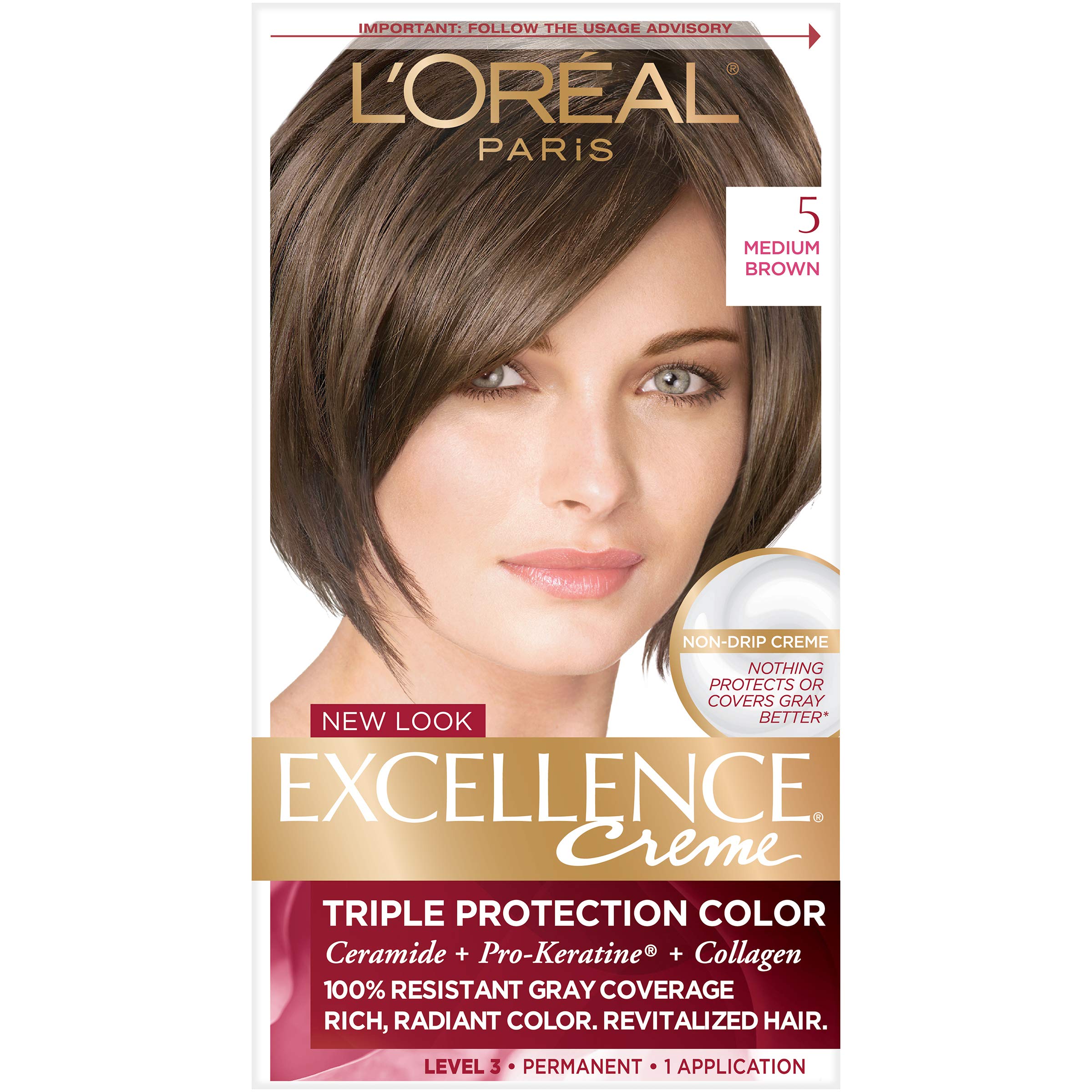 LOreal Paris Excellence Creme Permanent Triple Care Hair Color, 5 Medium Brown, Gray Coverage For Up to 8 Weeks, All Hair Types