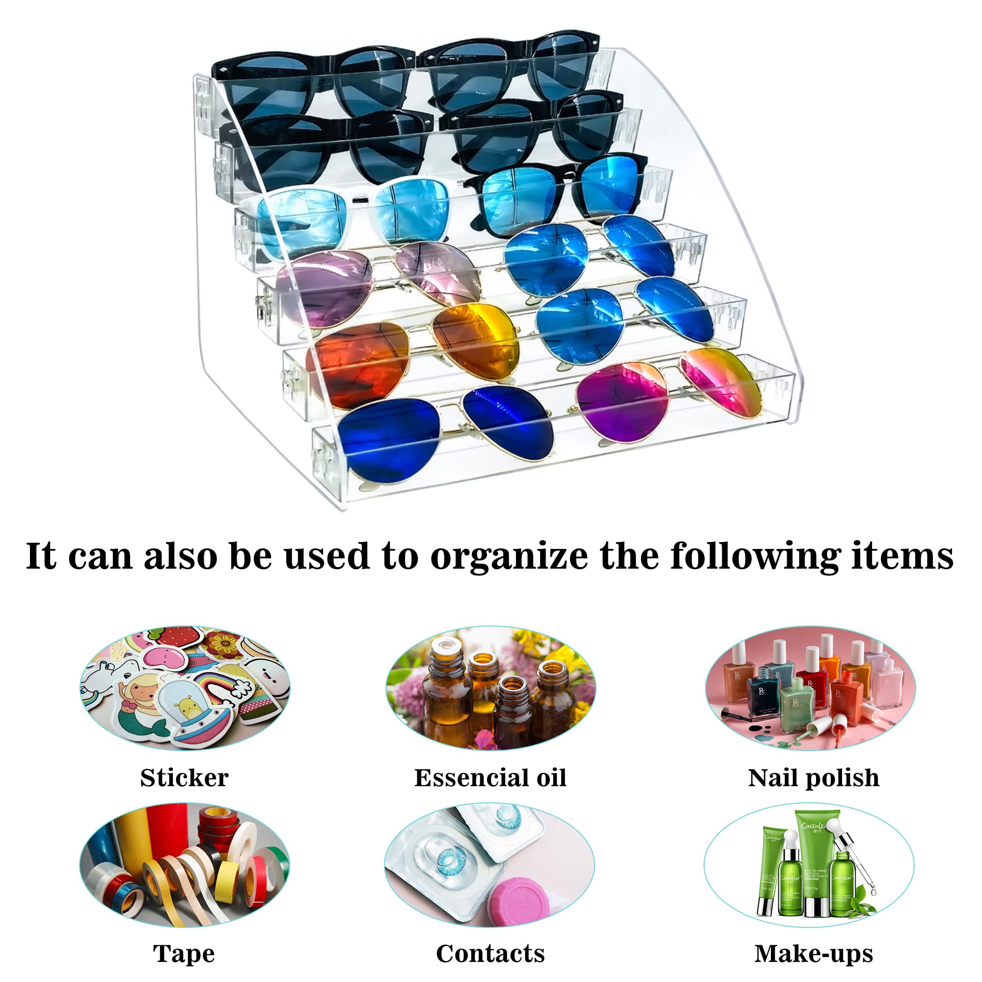 MineSign Acrylic Sunglasses Organizer - 5 Layer Clear Eyeglasses Display Case for Tabletop Storage - Model 1