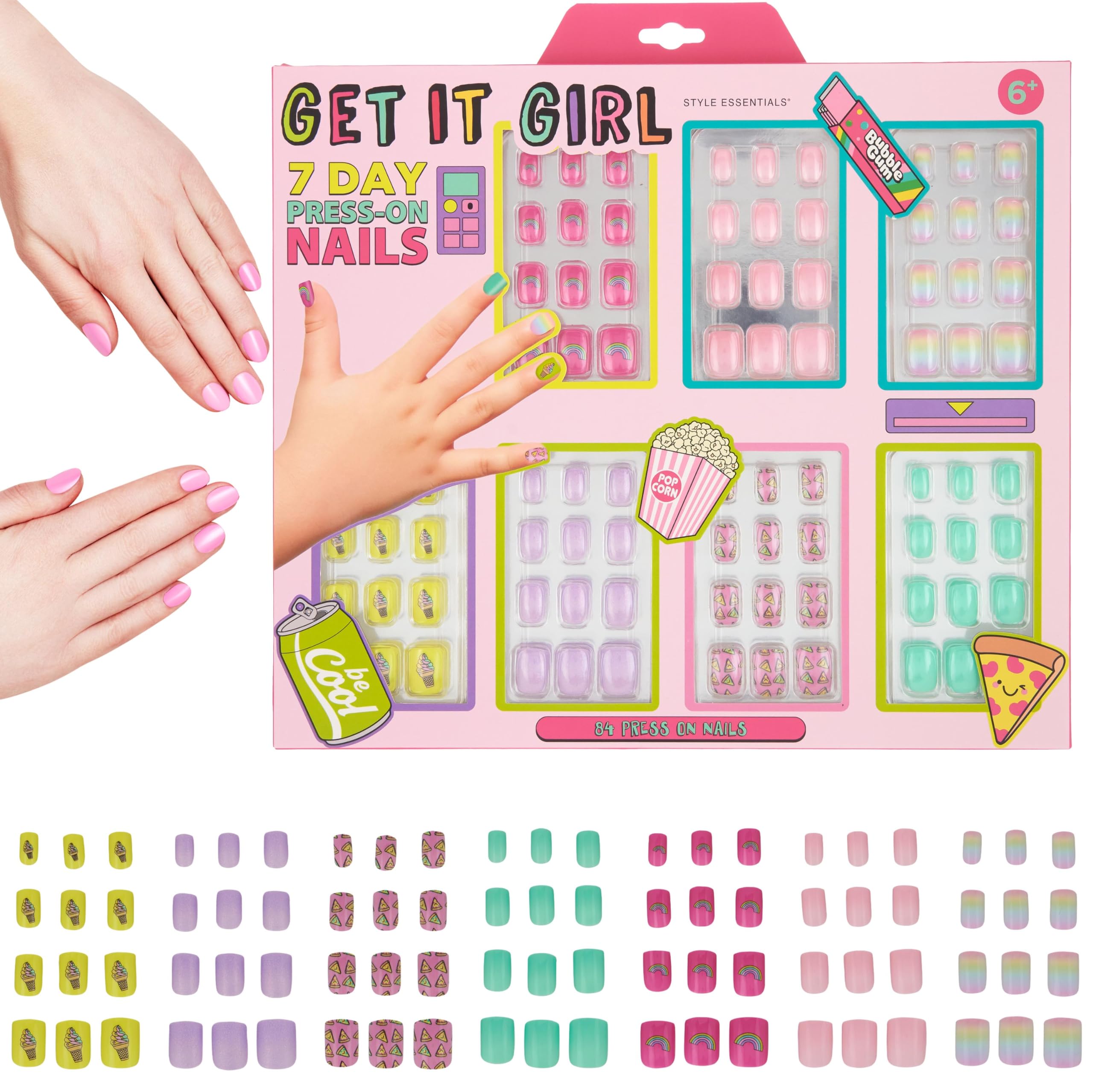 Expressions 7 Day Manicure Collection - 84PC Press On Nail Set, Day-Of-The-Week Adhesive False Nails for Girls (GET IT GIRL Coll