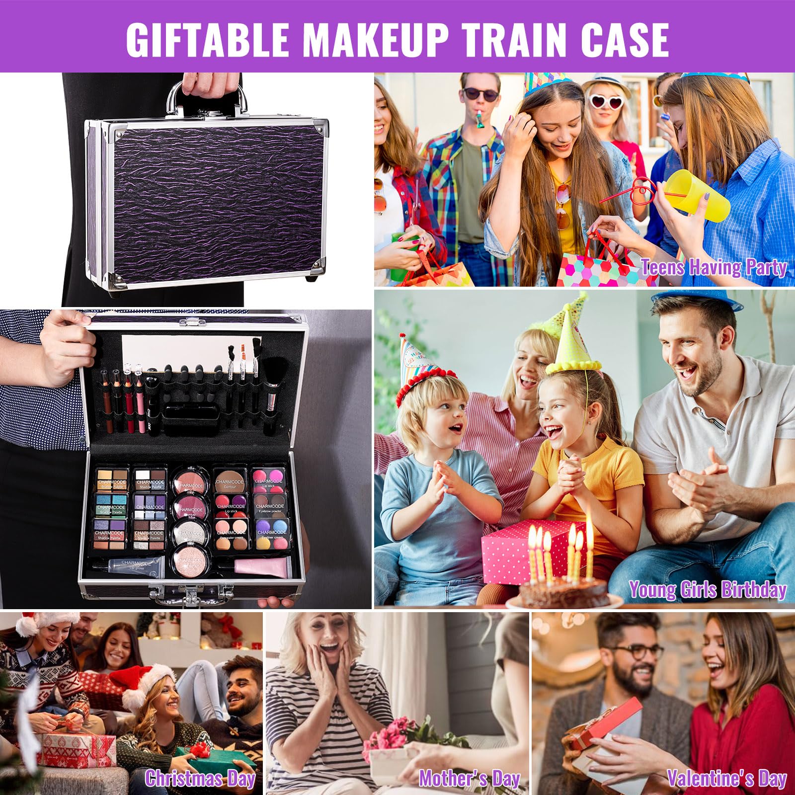 CHARMCODE Makeup Kit for Teen Girls & Women, Purple Train Case with Full Cosmetic Set, Includes Eyeshadow, Lipgloss, Blush & More
