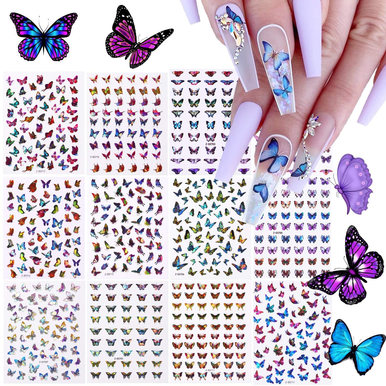 TOROKOM 12 Sheets Butterfly Nail Art Stickers Decals, 3D Self-Adhesive Nail Decals Butterfly Designs Nails Supplies Butterfly St
