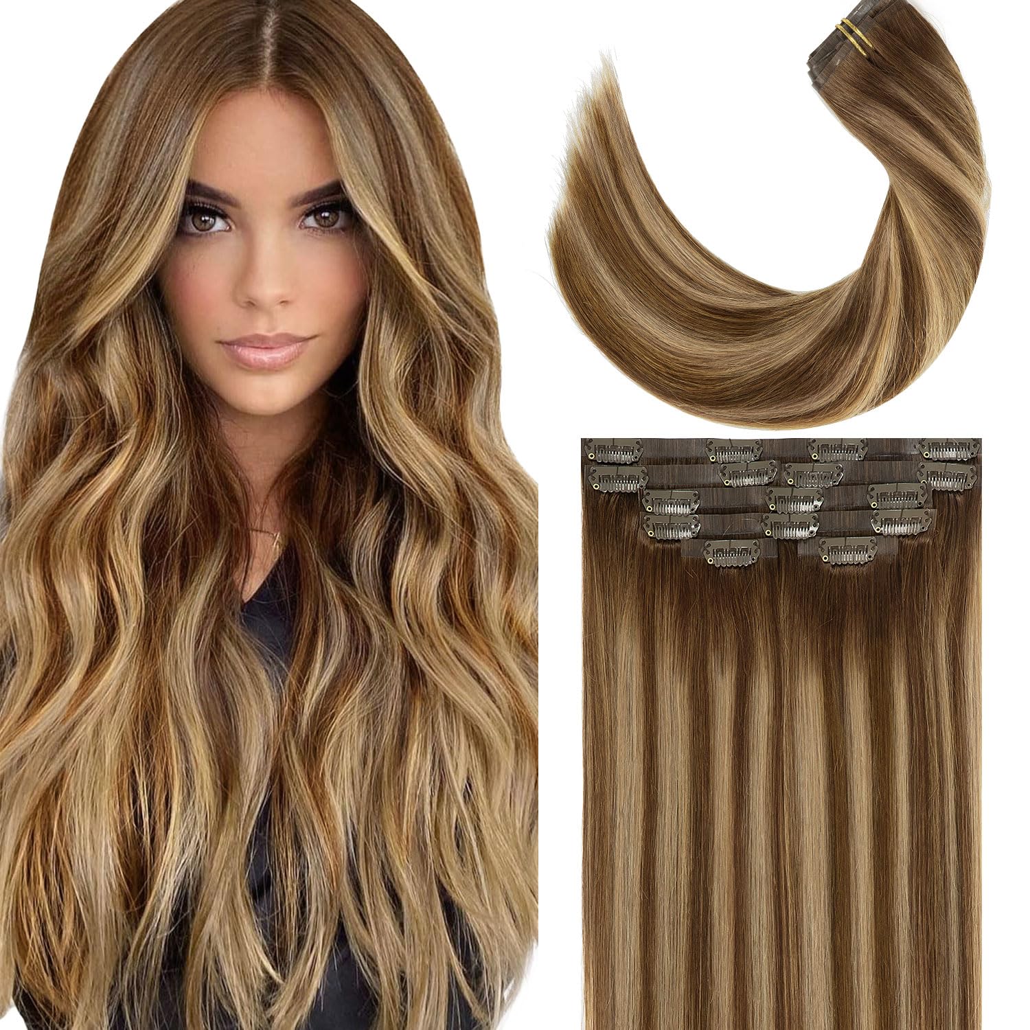 Lacer Hair Natural Balayage Hair Clip in Extensions Invisible PU Skin Weft 20 Inch Ombre Chocolate Brown to Caramel Blonde 7pcs 