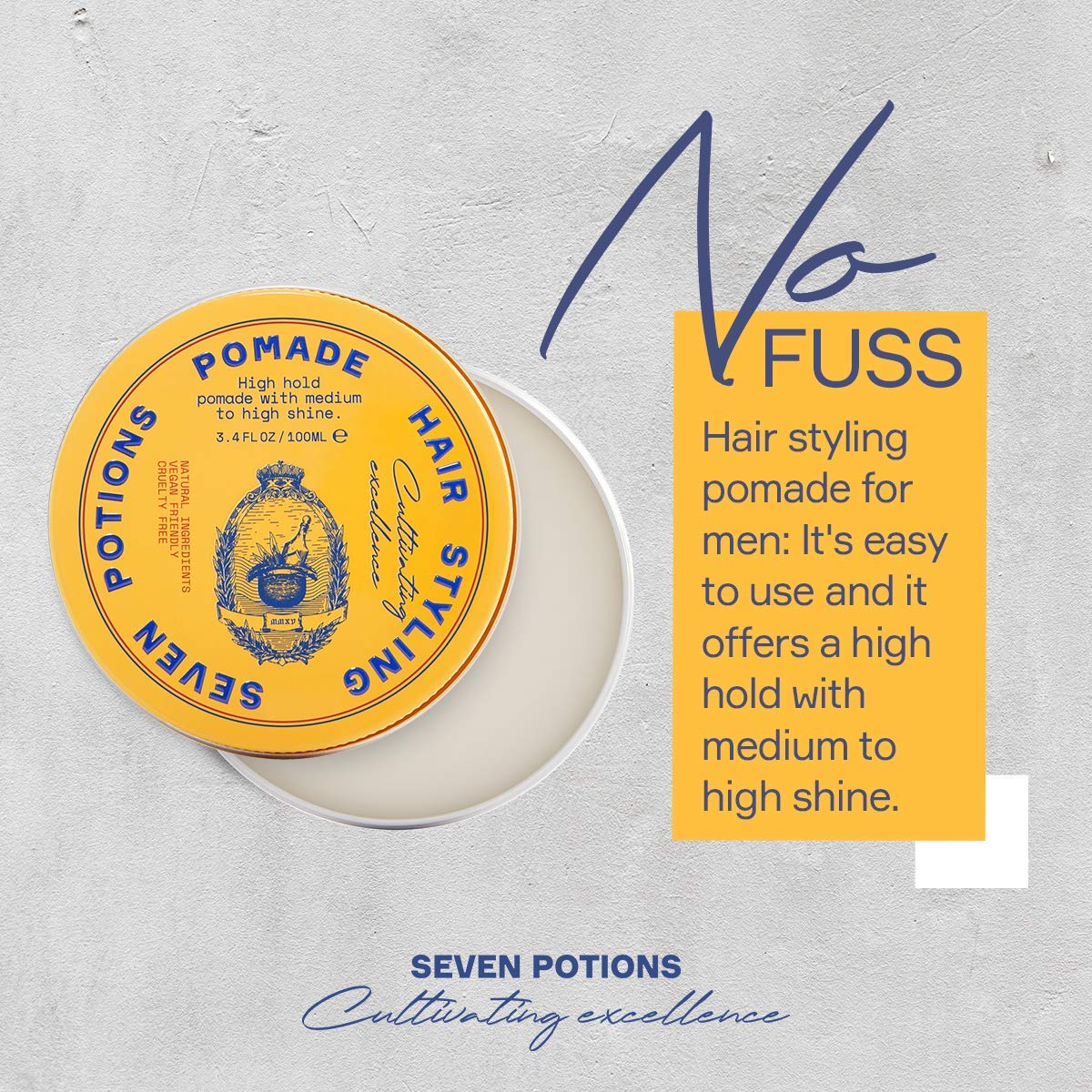 Seven Potions Hair Styling Pomade For Men 3.4 Fl Oz - High Shine - High Hold Hair Wax - Water Based - Natural, Vegan, Cruelty Fr
