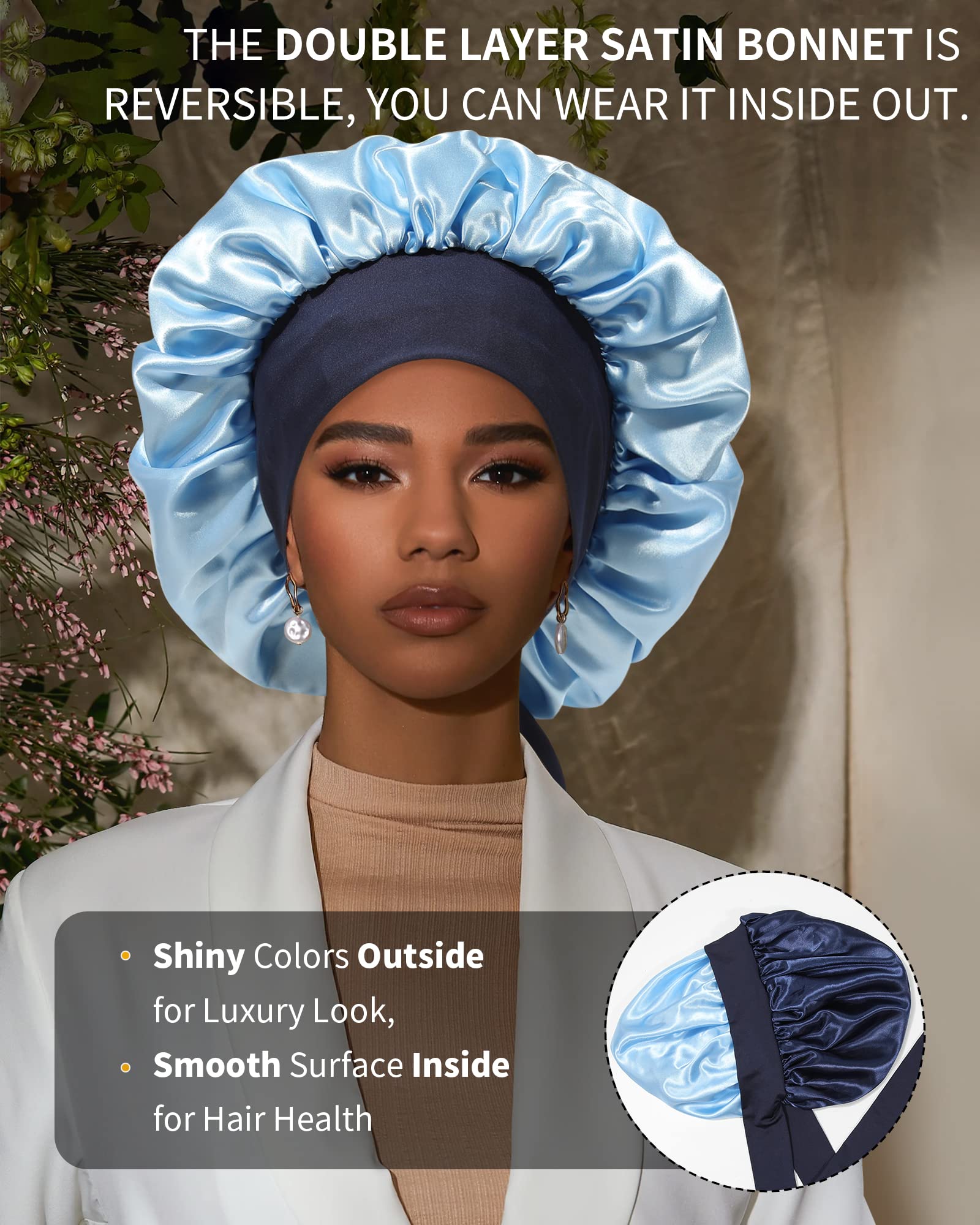 Satin Bonnet For Women Silk Bonnets For Sleeping Curly Hair Bonnet With Elastic Tie Band Reversible Double Layer Sleep Cap Hair