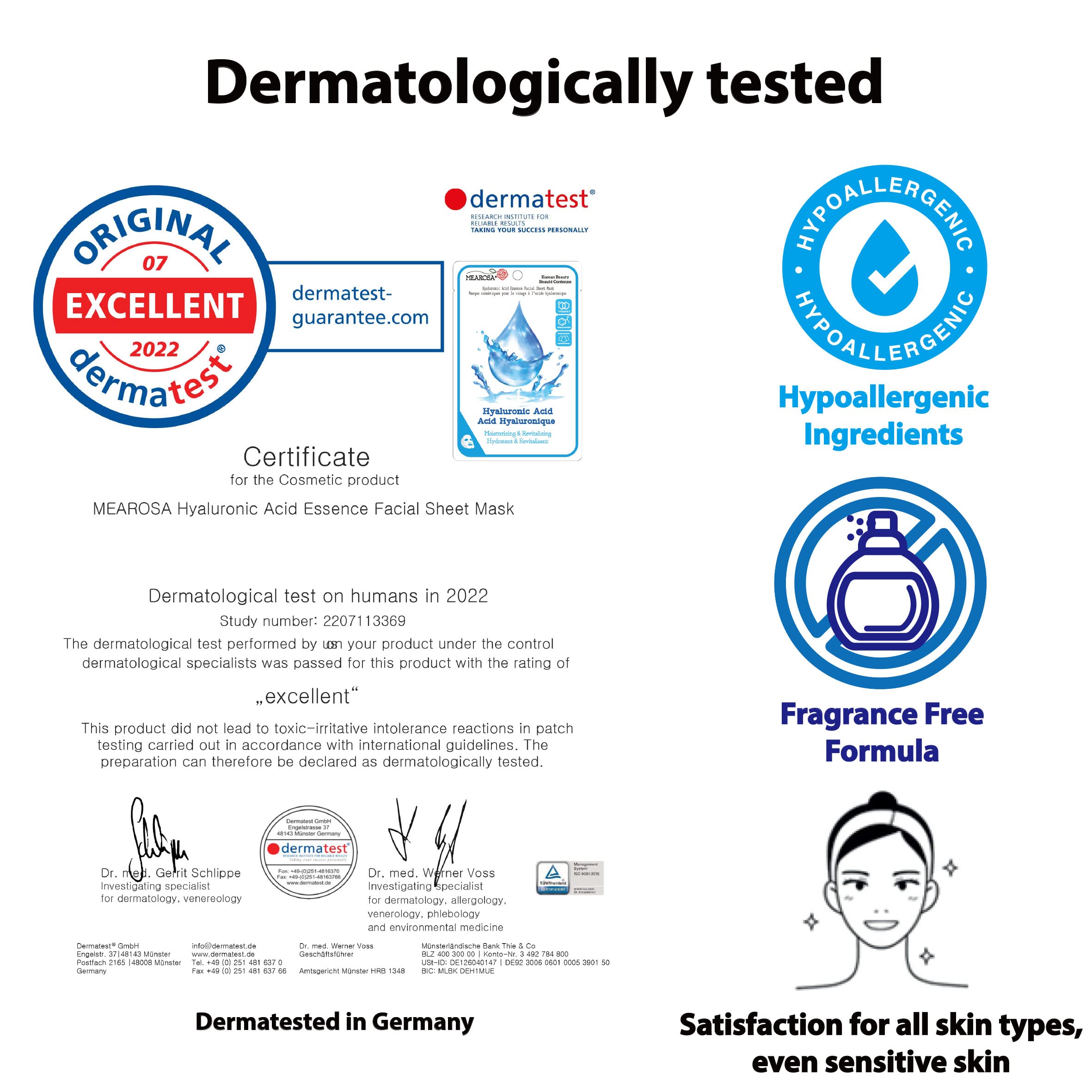 Mearosa* Dermatologically Tested, 8.5% Hyaluronic Acid, Niacinamide, Vitamin E Vegan Formula Essence Facial Sheet Masks Premium