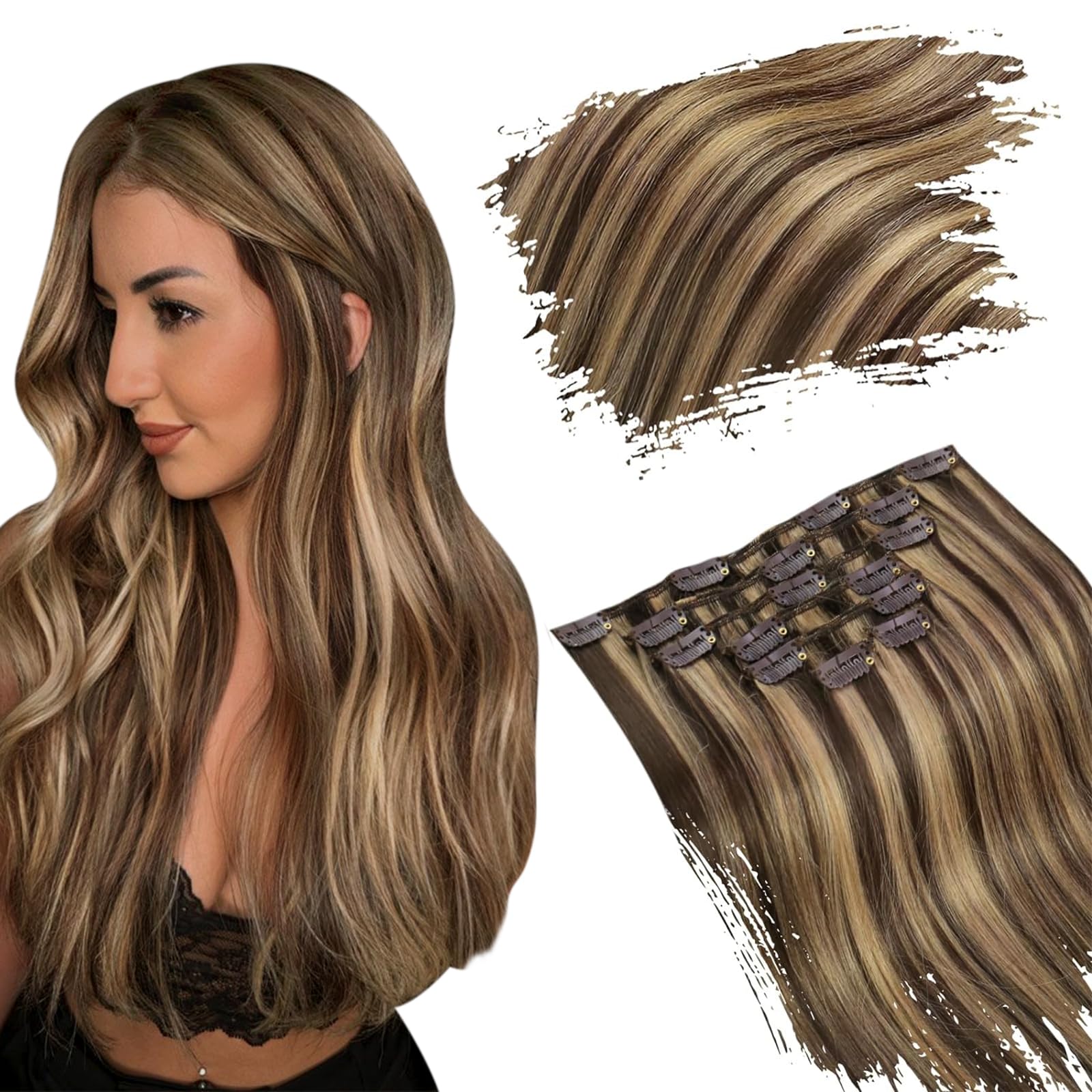 Ugeat 22 Inch Hair Extensions Clip In Human Hair Dark Brown Highlight Caramel Blonde Real Hair Clip In Extensions Human Hair Thi