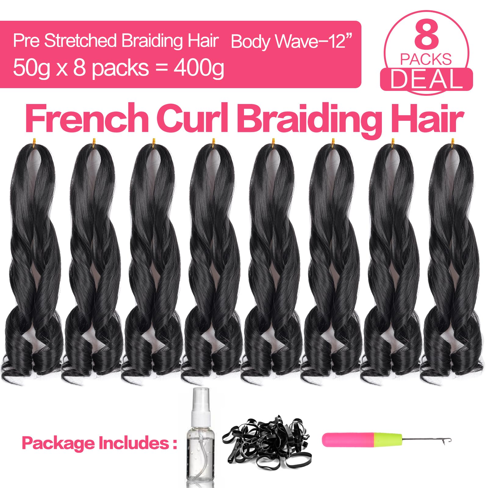 French Curl Braiding Hair 12 Inch 8 Packs Natural Black Curly Braiding Hair Pre Stretched 50G/Pack Loose Wavy Braiding Hair Synt