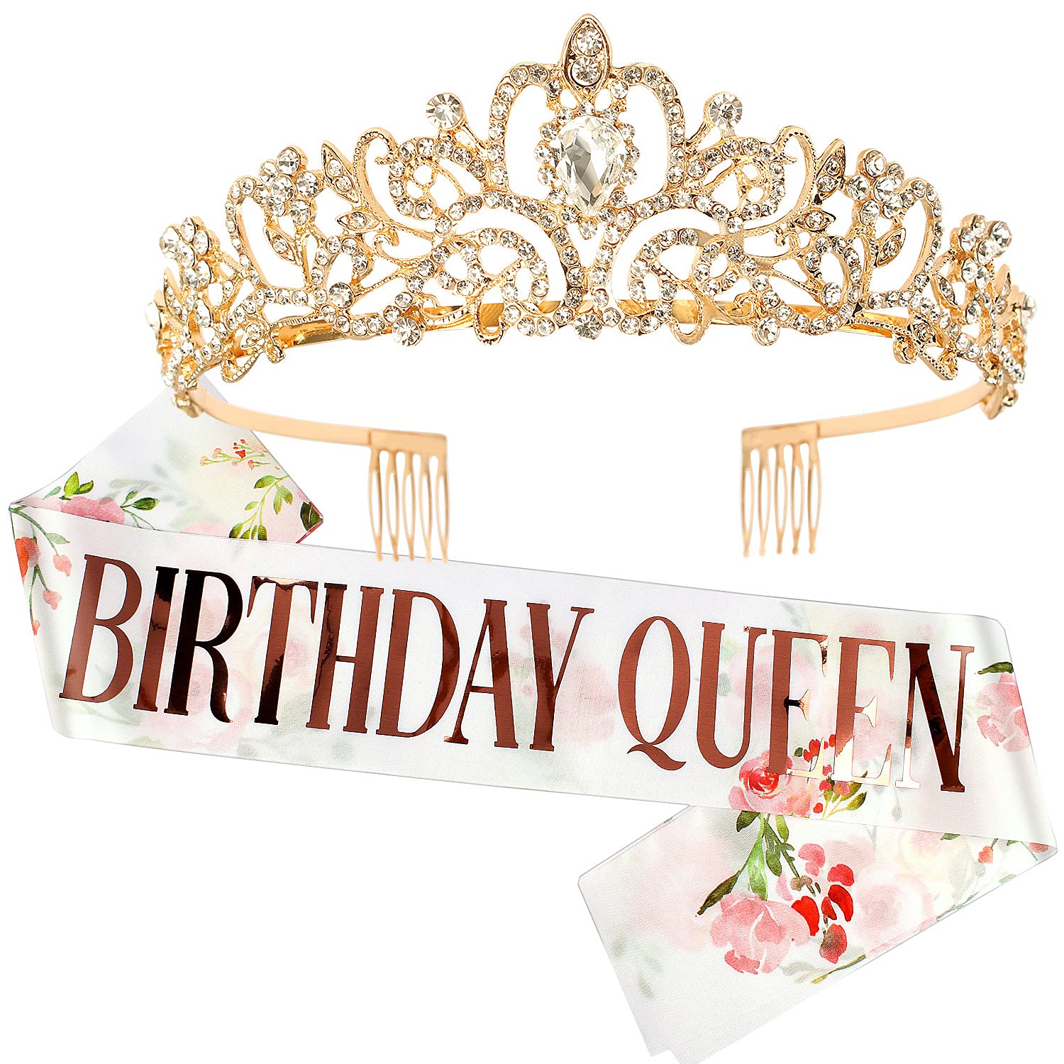 'Birthday Queen'' Sash & Crystal Tiara Kit COCIDE Birthday Gold Tiara and Crowns for Women Sash for Girls Pink Birthday Decorat