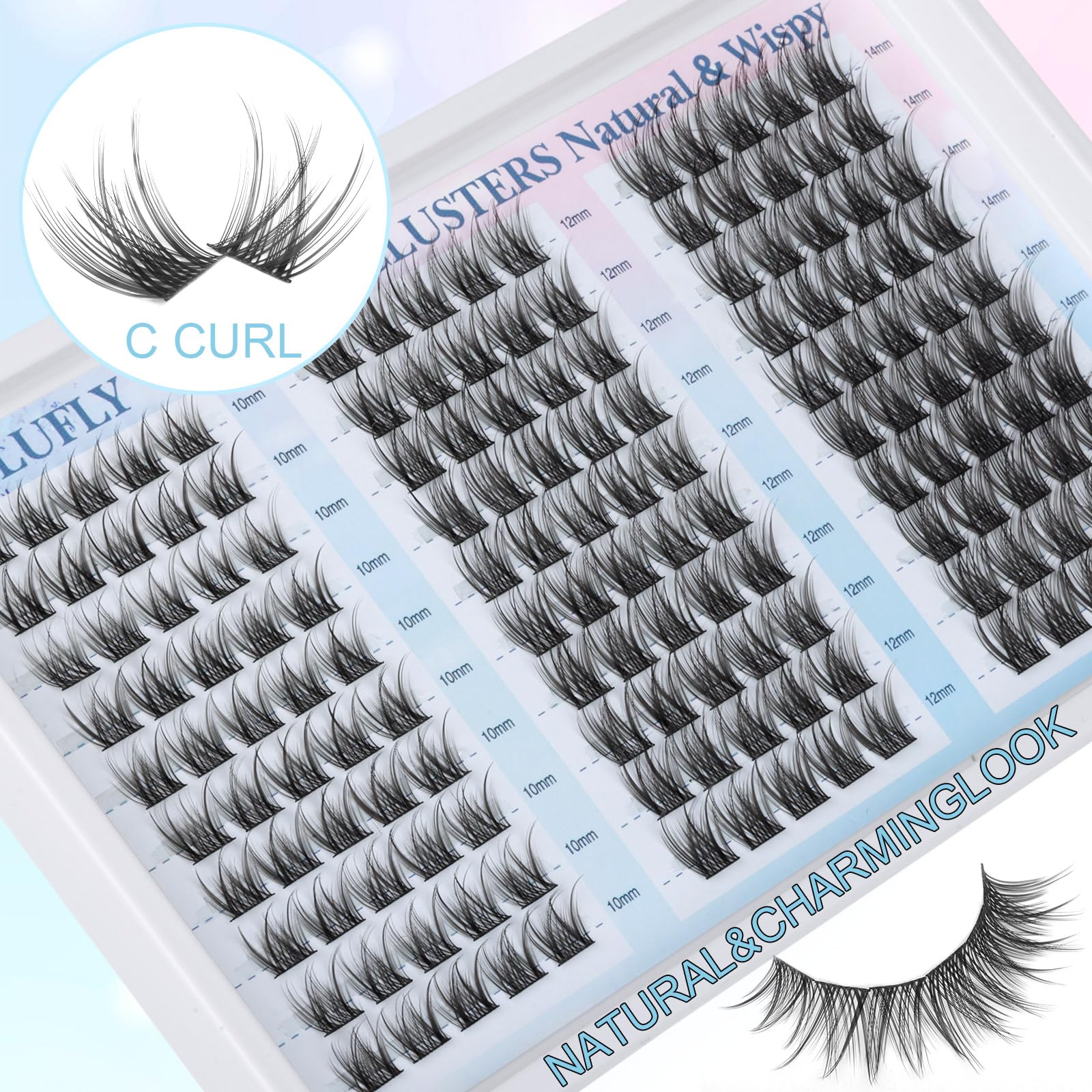 zanlufly Lash Clusters - Wispy C-Curly Individual Eyelash Extensions, 150 Pcs, 10-14MM, Black, Synthetic Fibers