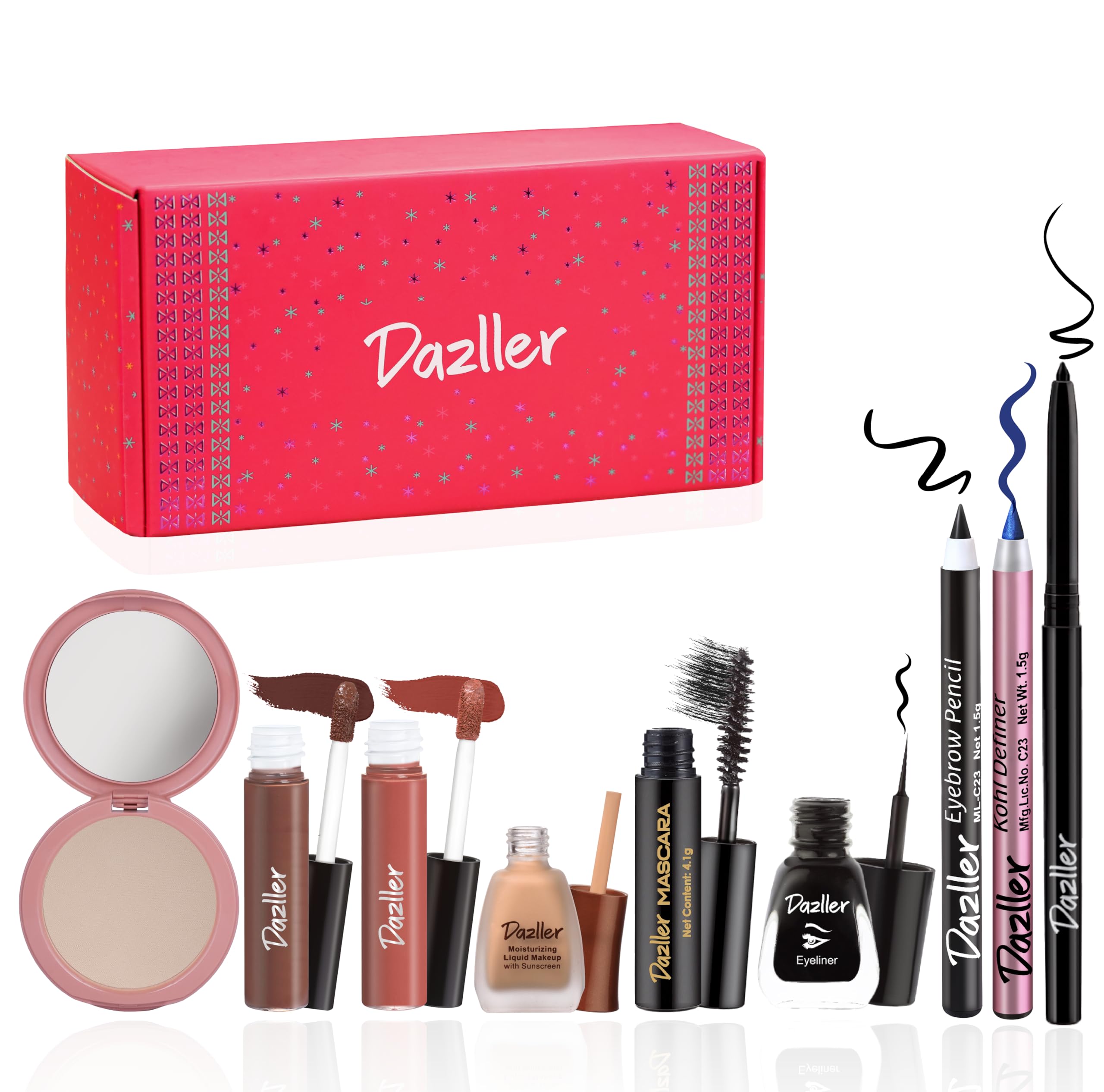Dazller Mini Glam Kit - 8 In 1, Medium Skin Ton, Contains - Kajal & Kohl, Eyebrow Pencil, Eyeliner, Mascara, Foundation, Compact