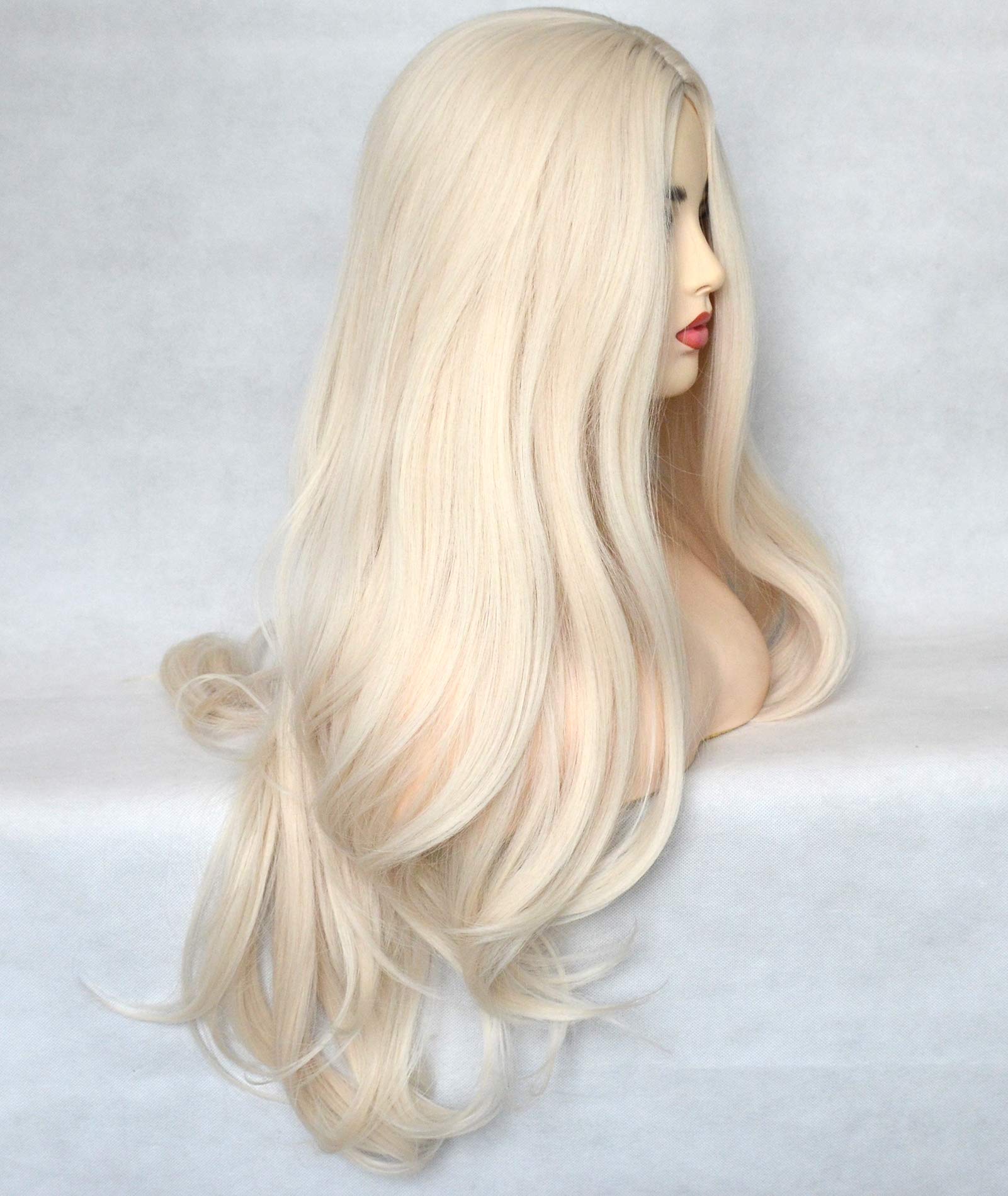 Bluple Platinum Blonde 60# Synthetic 13X4X1 T-Lace Front Wig Long Natural Wavy Heat Resistant Synthetic Hair Replacement Full Wi