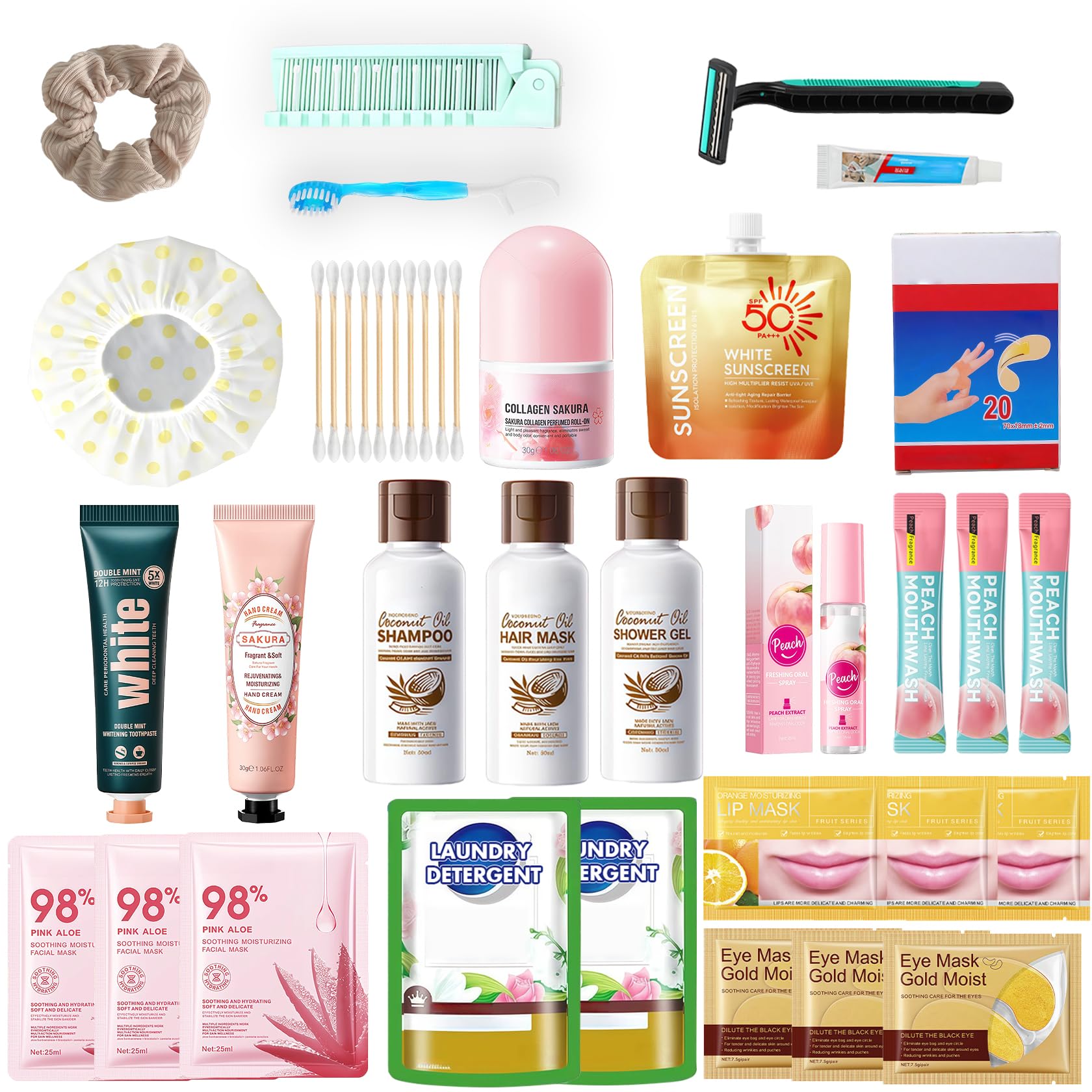 57PCS Travel Essentials Set with Toothpaste,Lip Mask,Eye Patches,Shower Gel,Shampoo for Everyday Essentials and Vacation,Conveni