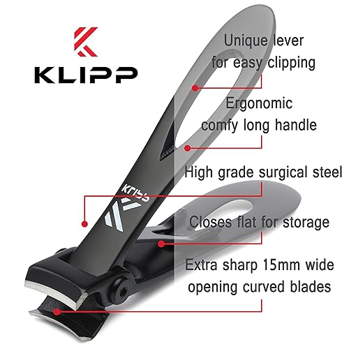 KLIPP Toenail Clippers – 15mm Wide Jaw Stainless Steel Cutter for Thick Nails, Black, Model KLP-JNC, Ideal for Seniors