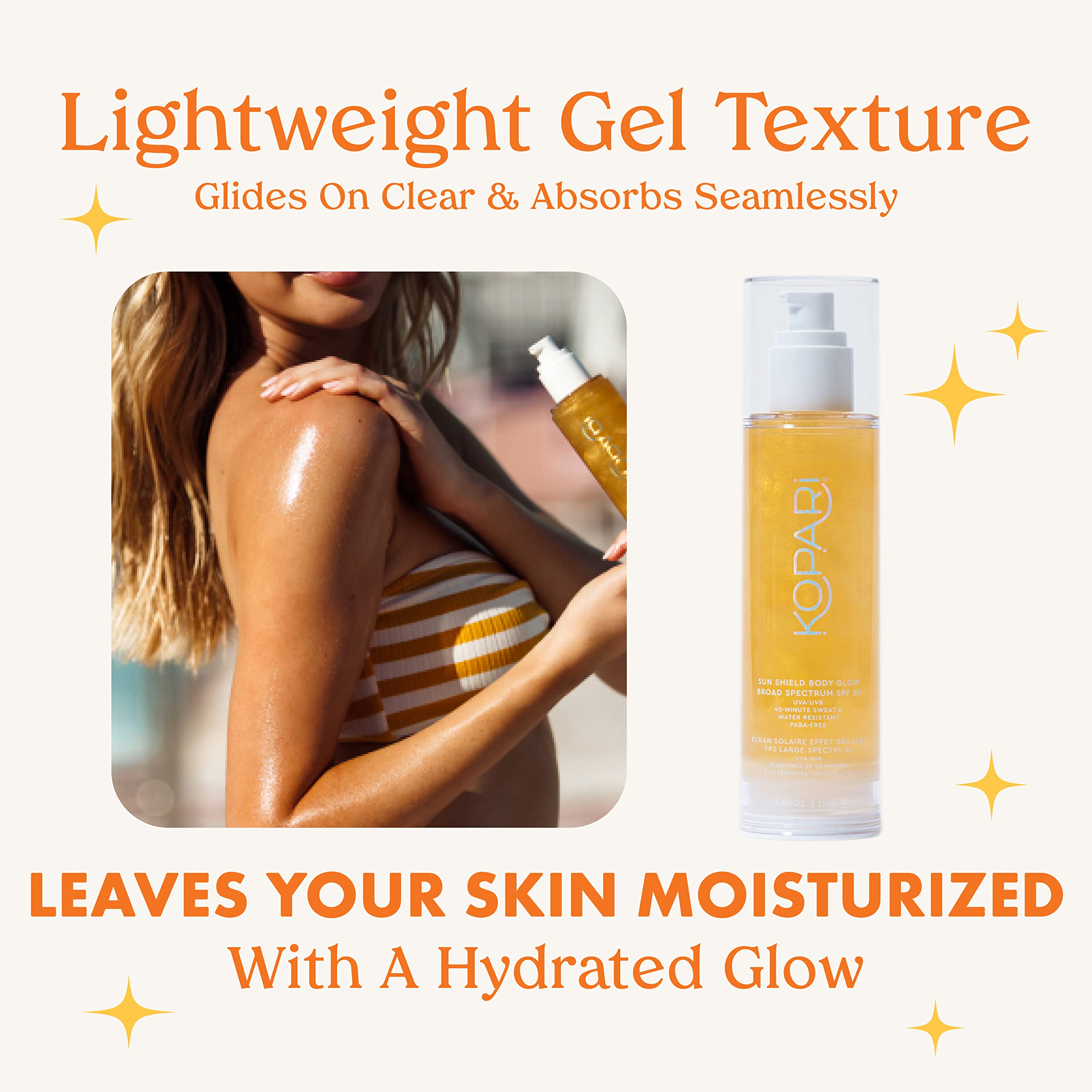 Kopari Sun Shield Body Glow | Spf 50 Uv Protection Sheer Sunscreen Gold Shimmer Mica | Sweat And Water Resistant | Antioxidant V