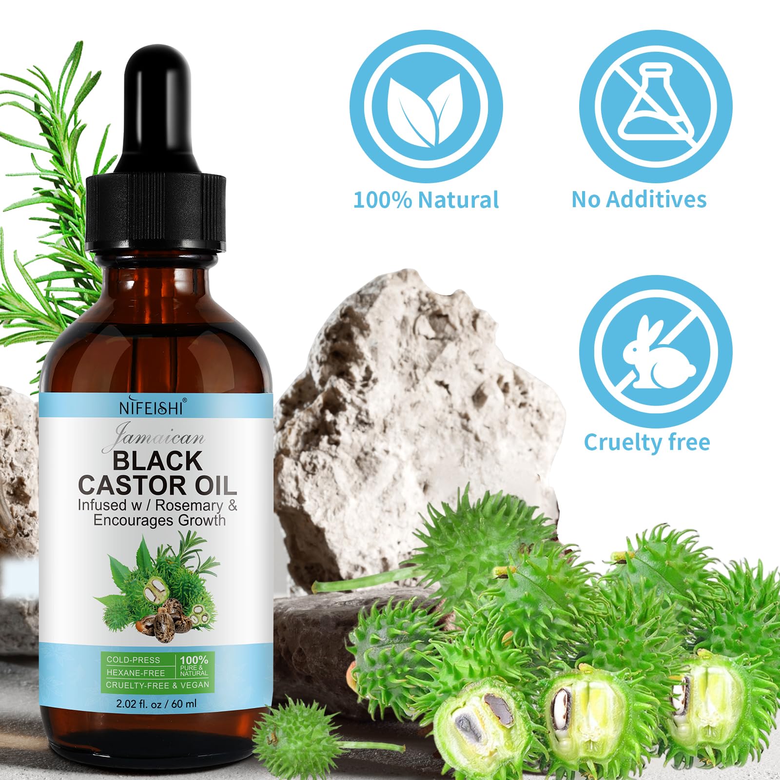 NIFEISHI Organic Castor Oil, Pure Natural Jamaican Black Castor Oil Infused with Rosemary, Cold Pressed Glass Bottles, Boost Hai