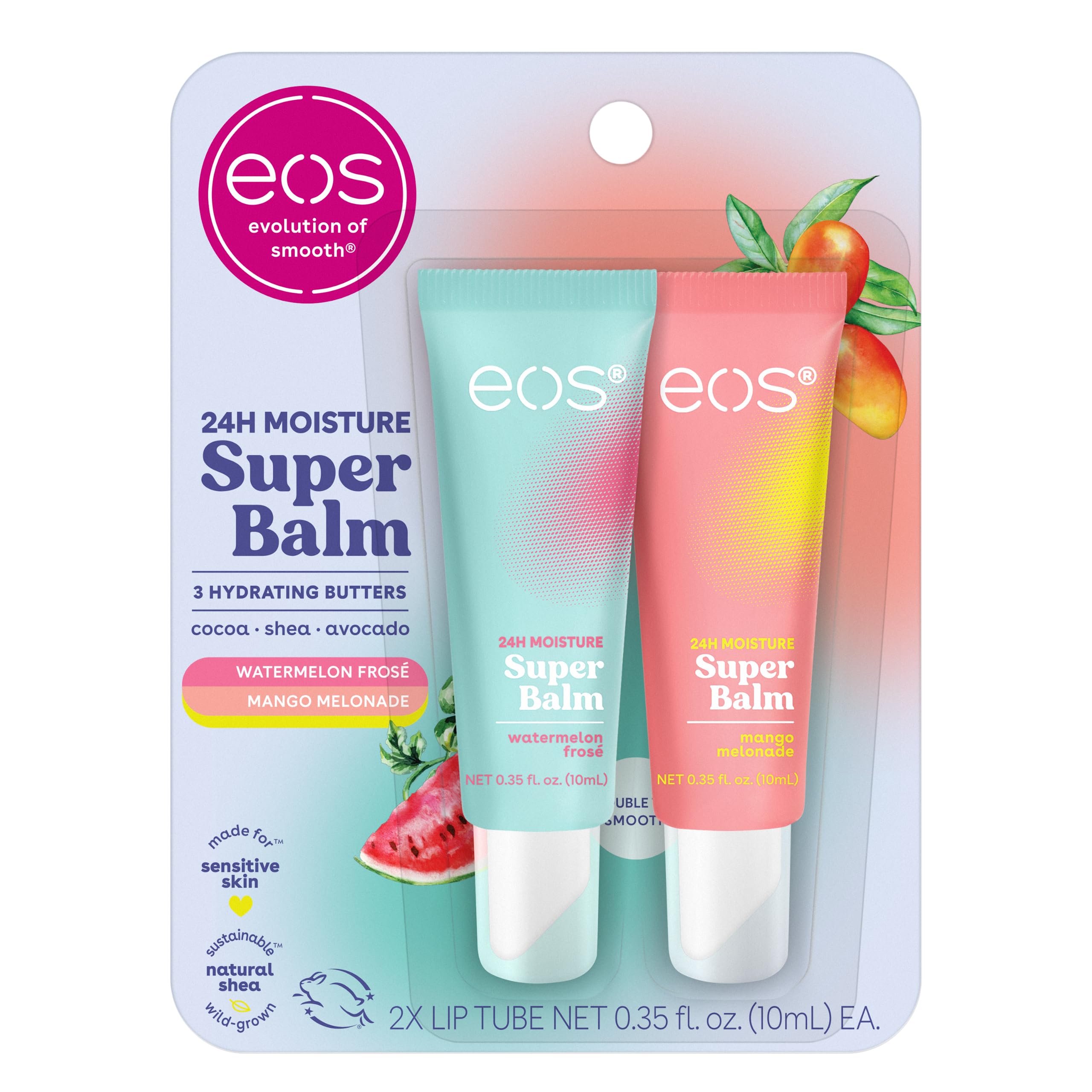 Eos 24H Moisture Super Balm- Watermelon Fros   & Mango Melonade, Lip Mask, Day Or Night Lip Treatment, Made For Sensitive Skin,