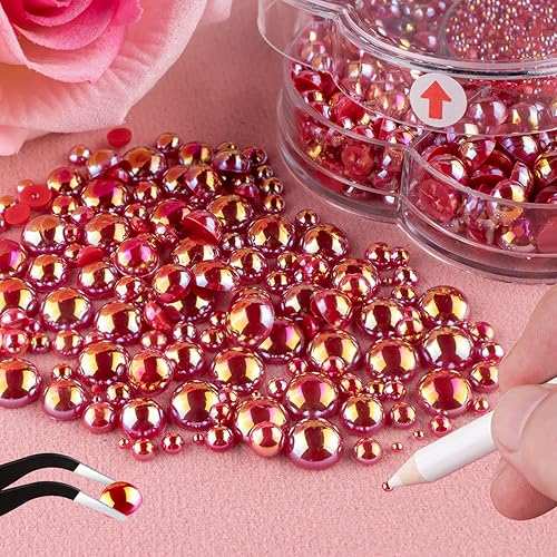 Nail Art Flat Back Half Round Pearl Kits 16, 1 Box of 5600 Pcs Flat-Back Red AB Pearl with Tweezer and Picker Pencil for Home DI