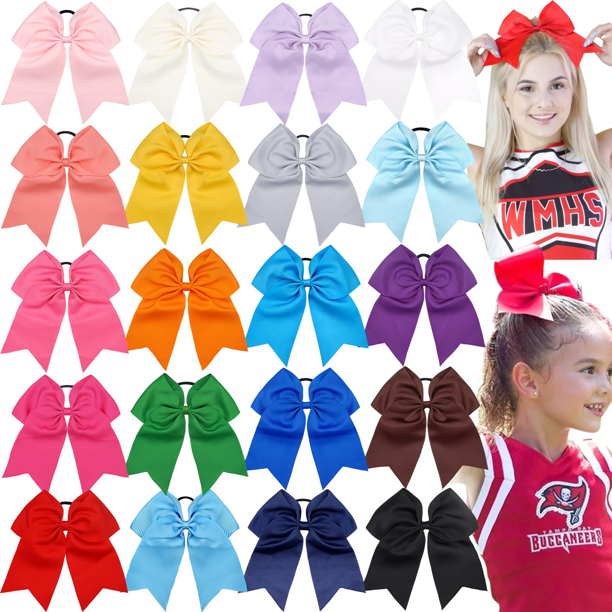 JOYOYO 20Pcs 8 Large Cheer Bows for Girls Ponytail Holder Grosgrain Ribbon Cheerleading Bows Elastic Hair Tie Bands for Baby Gir