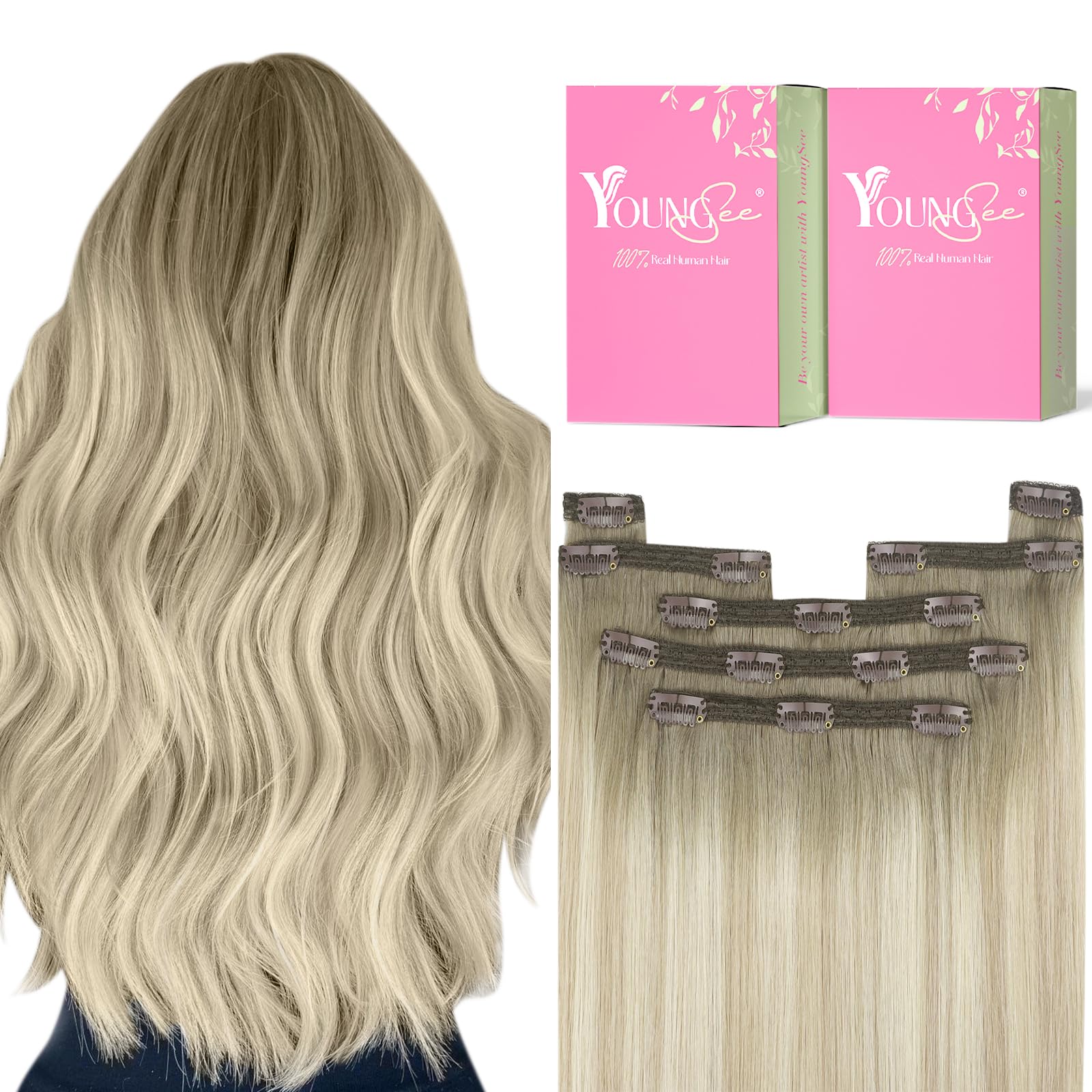 YoungSee Clip in Hair Extensions Real Human Hair Ombre Blonde Clip in Real Hair Extensions Ash Blonde Ombre Sunkissed Blonde Cli