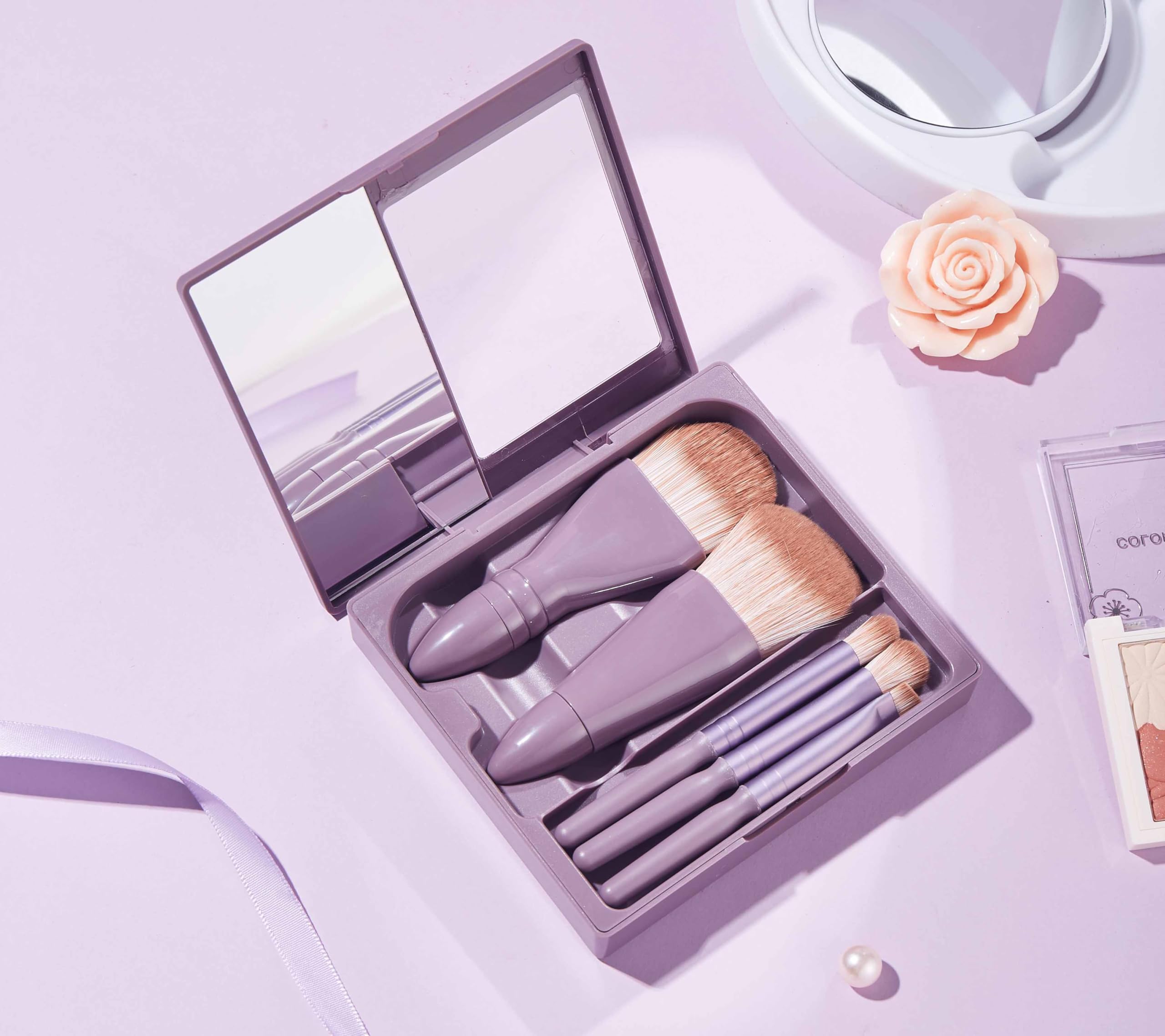 Coshine Portable Travel Makeup Brush Set, 5Pcs Mini Easy-Taken Complete Function Cosmetic Brushes Kit With Case And Mirror
