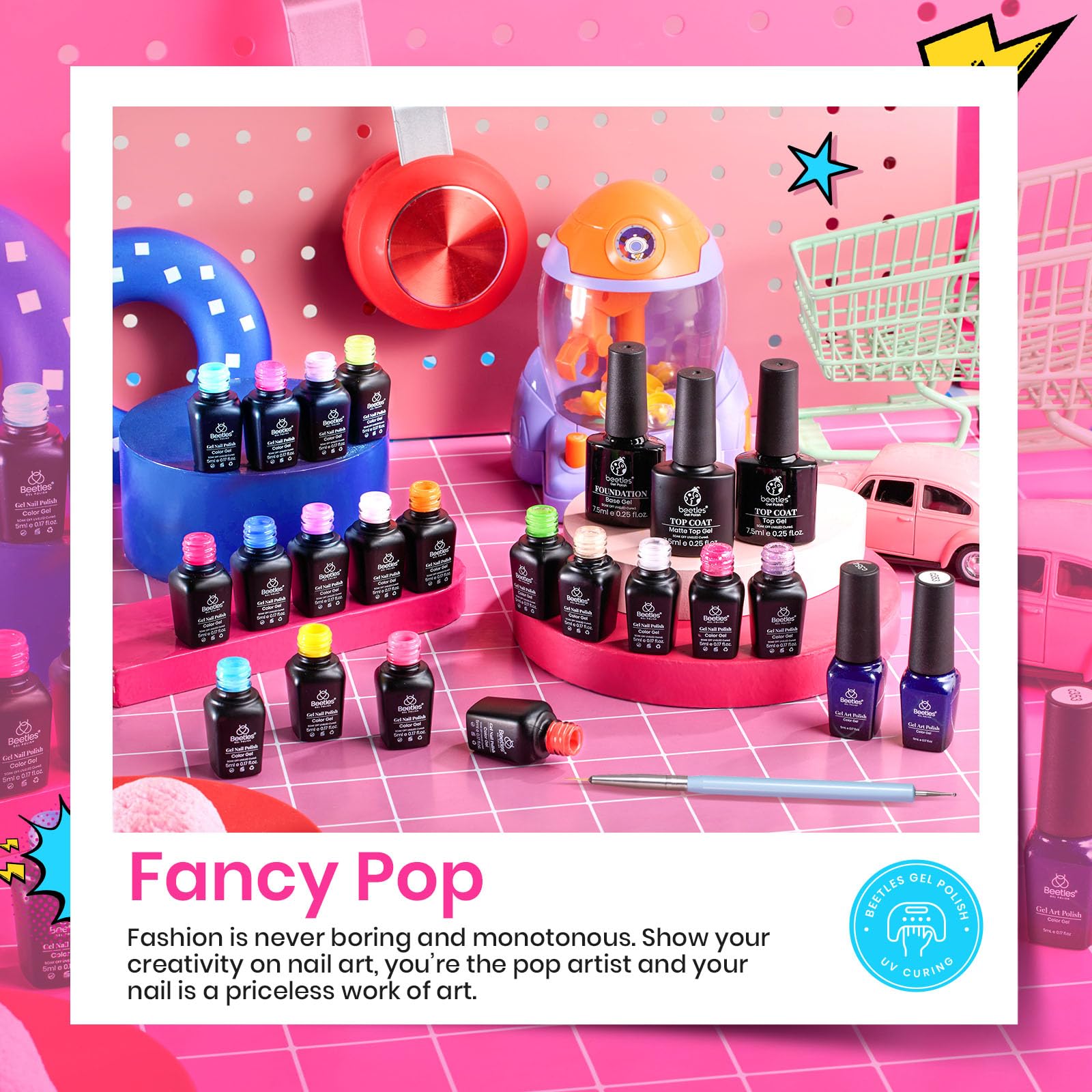 Beetles 24Pcs Gel Nail Polish Set With Base Gel Top Coat White Black Liner Gel Nail Art Brush, Gel Polish Kit Neon Bright Blue P