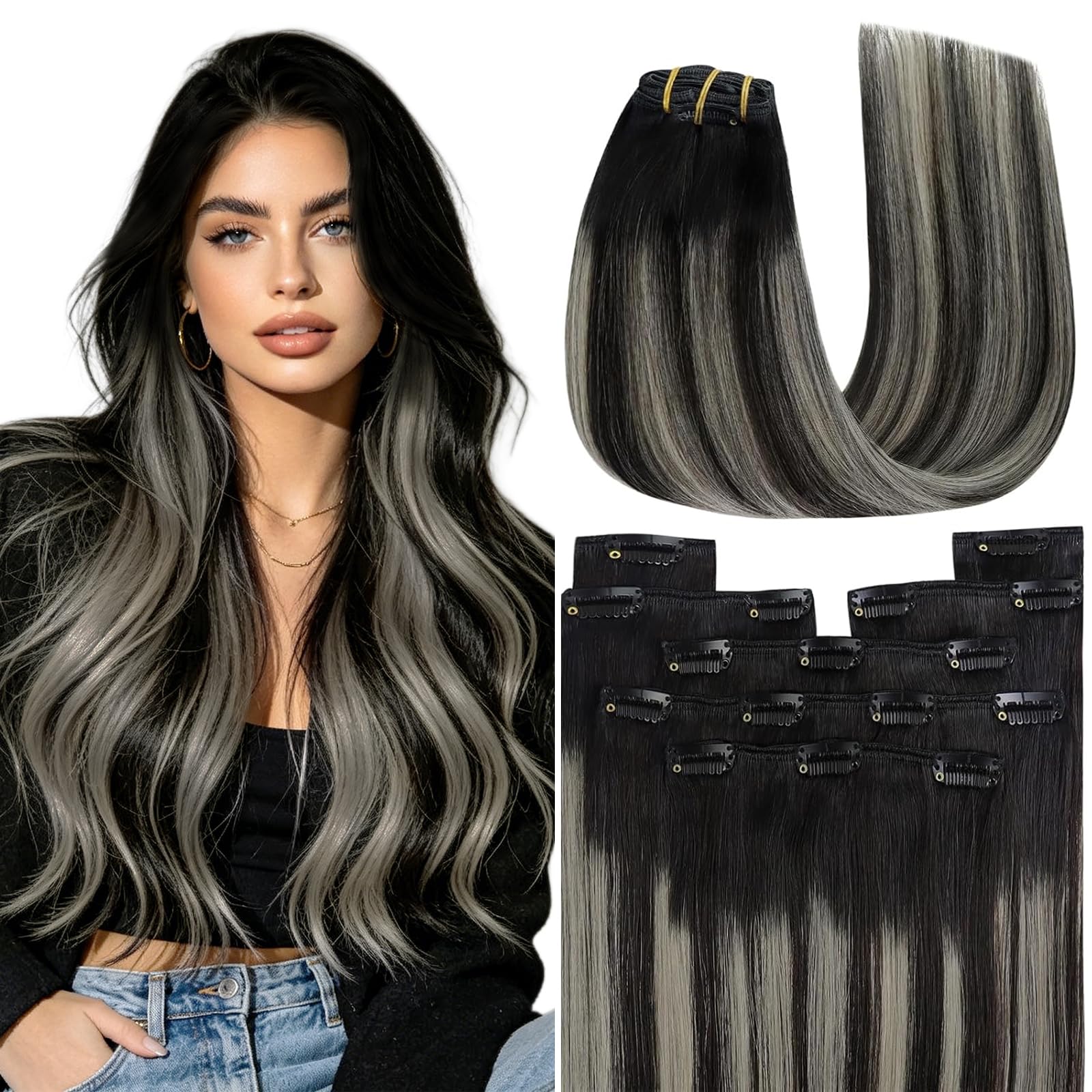 YoungSee 120G Clip in Hair Extensions Real Human Hair Black Balayage Hair Extensions Clip ins Natural Black Roots Sliver Balayag
