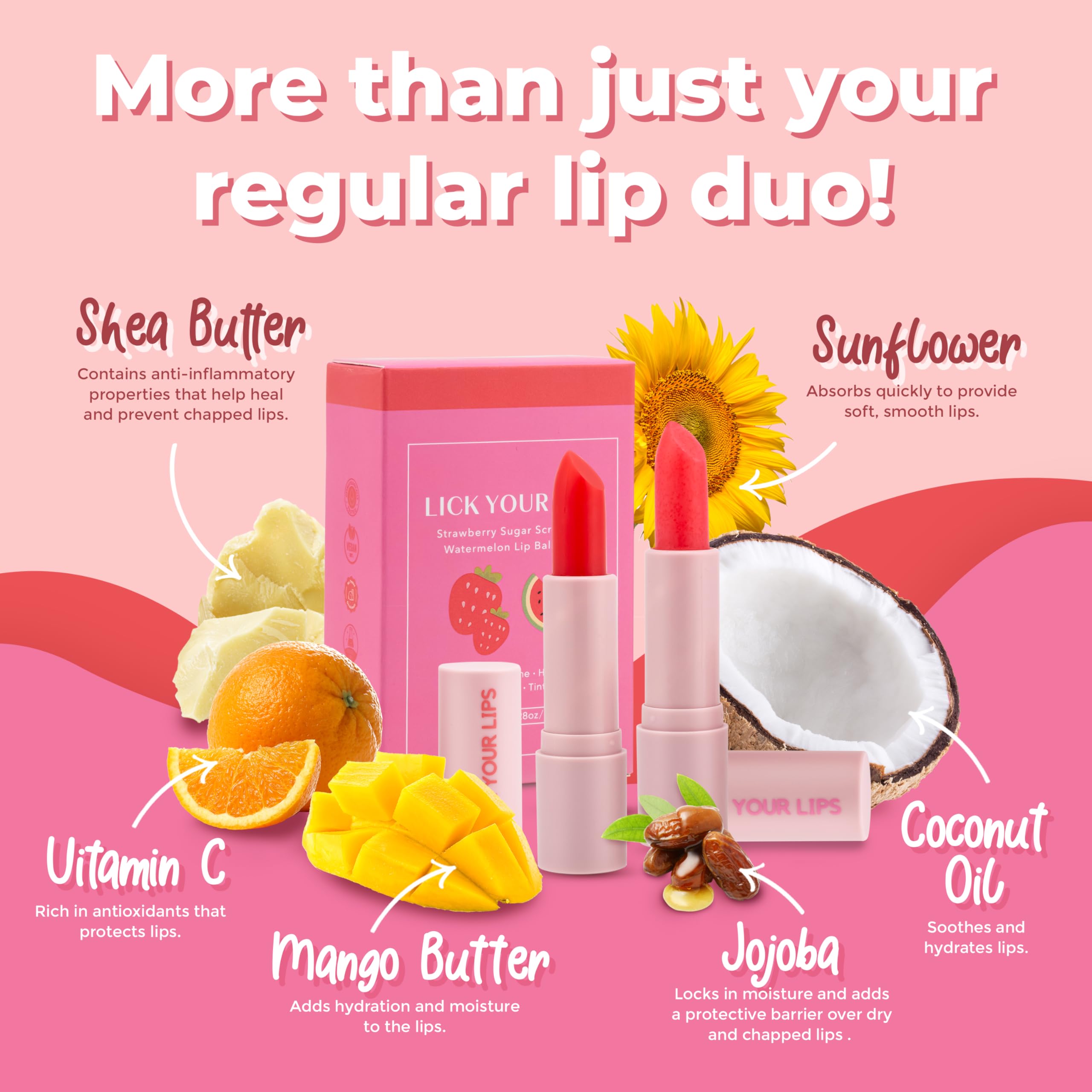 Watermelon Tinted Lip Balm And Strawberry Sugar Lip Scrub Stick Duo - Lip Scrubber Exfoliator Helps Lip Repair, Deep Hydration,