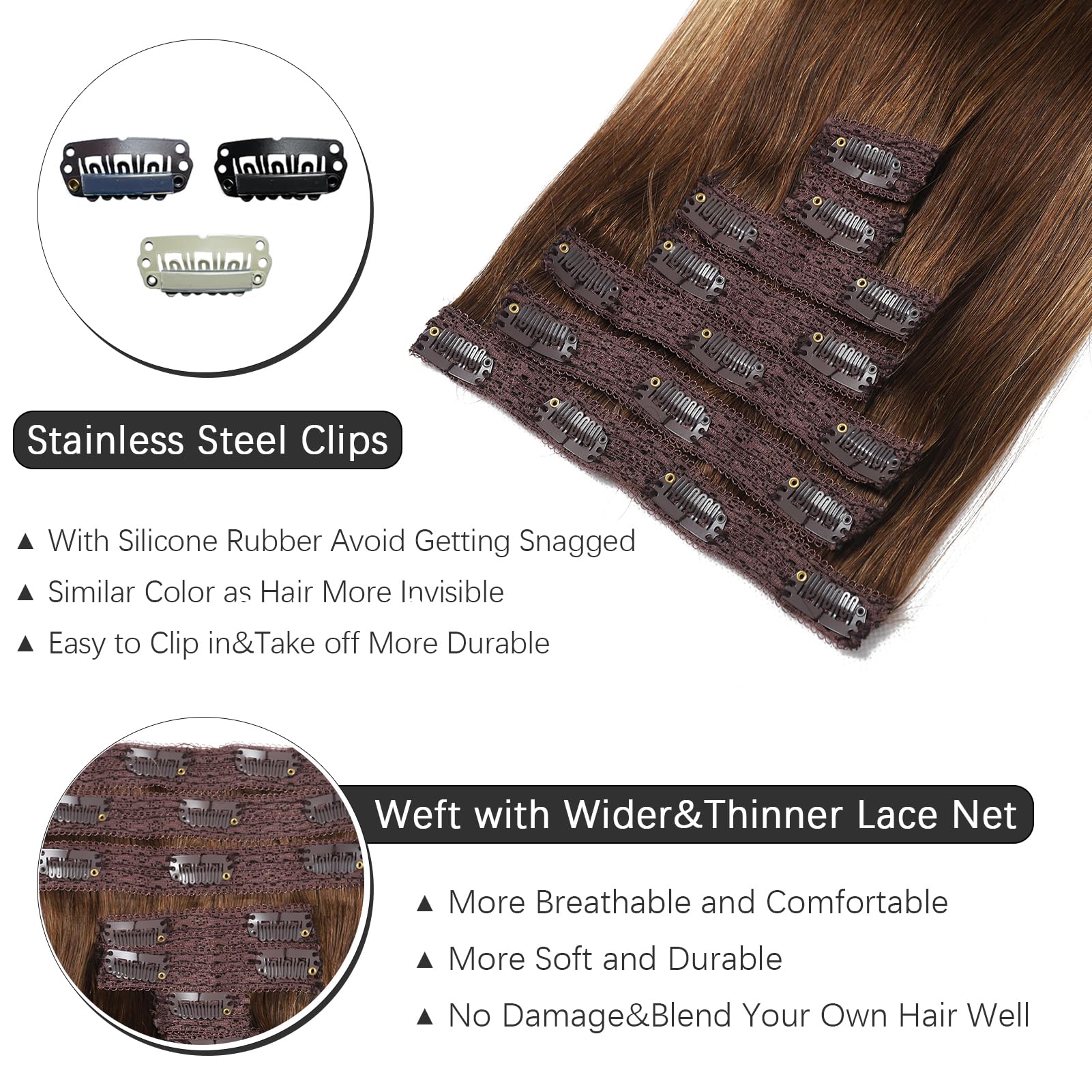 Rimoss Clip In Hair Extensions Real Human Hair, Premium 20 Inch 7Pcs Ombre Chocolate Brown To Caramel Blonde Balayage Remy Human