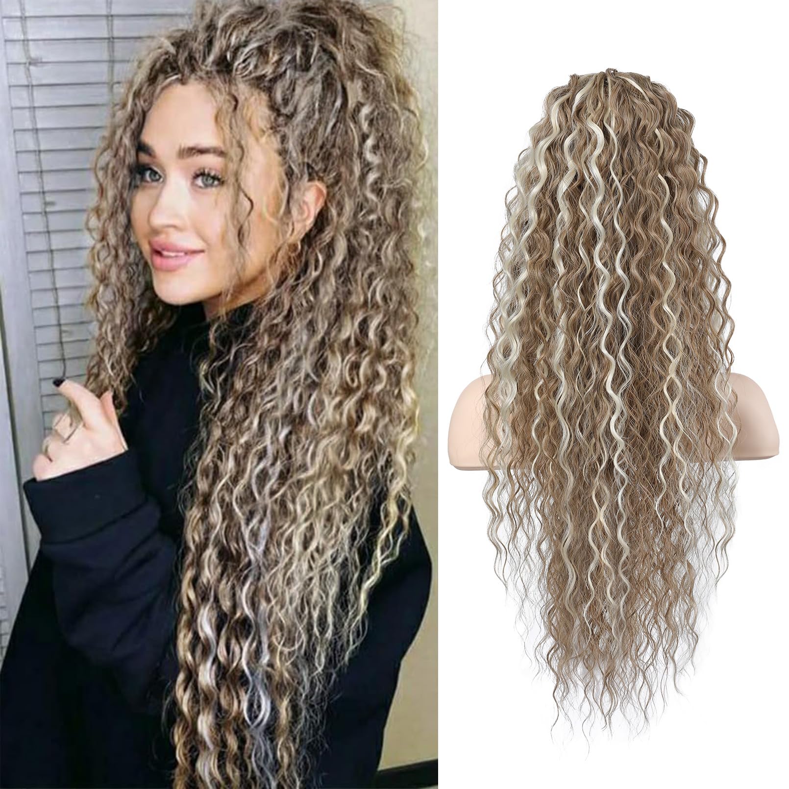 SEIKEA Highlight Drawstring Ponytail Extension, PT005 Isabella 26'' Long Bohemia Curly Pony Tail Multi Layered Light Soft Clip i