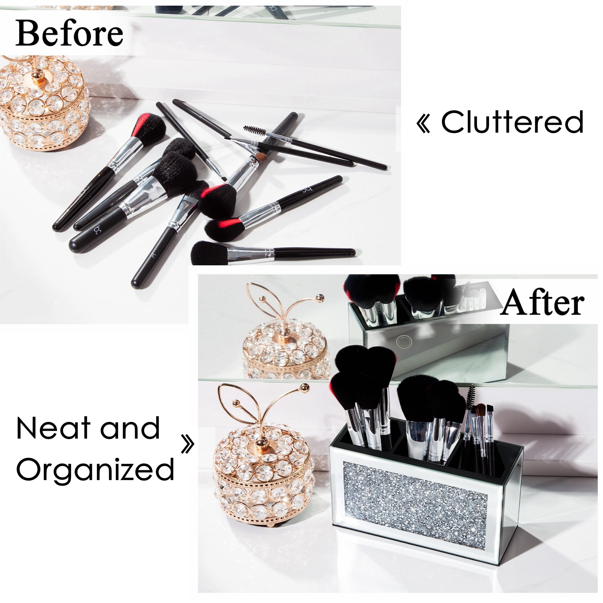 SHYFOY Mirrored Makeup Brush Holder Organizer, 3 Slot Glass Cosmetics Brushes Storage Holders with Crystal Crushed Diamond, Cute
