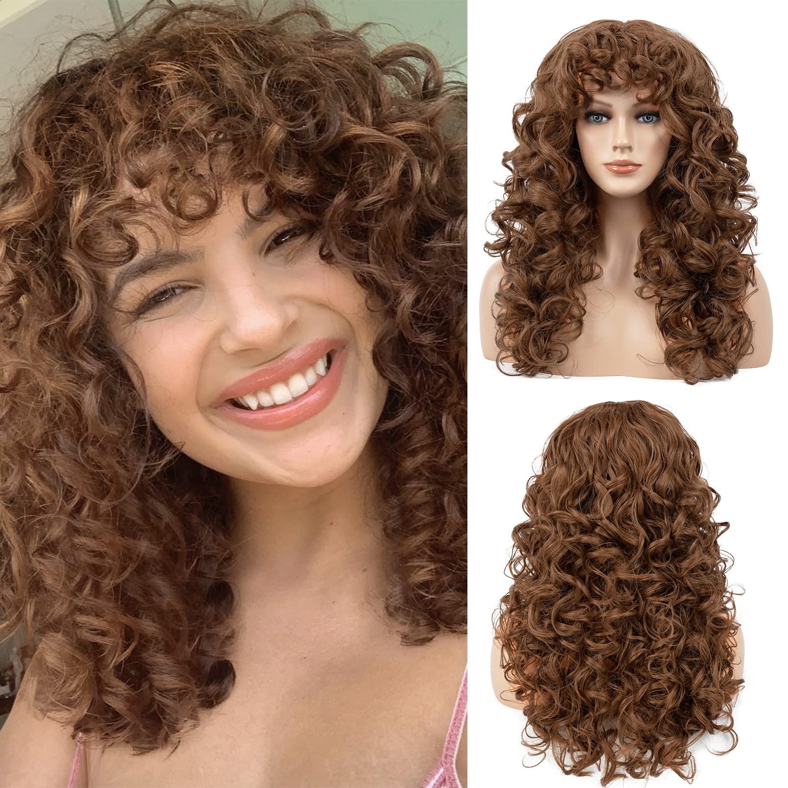 Curly Wig with Bangs for Women FLUFYMOOZ Natural Light Brown Long Curly Wig 21Inch Curls with Wispy Bangs Heat Resist Soft Synth
