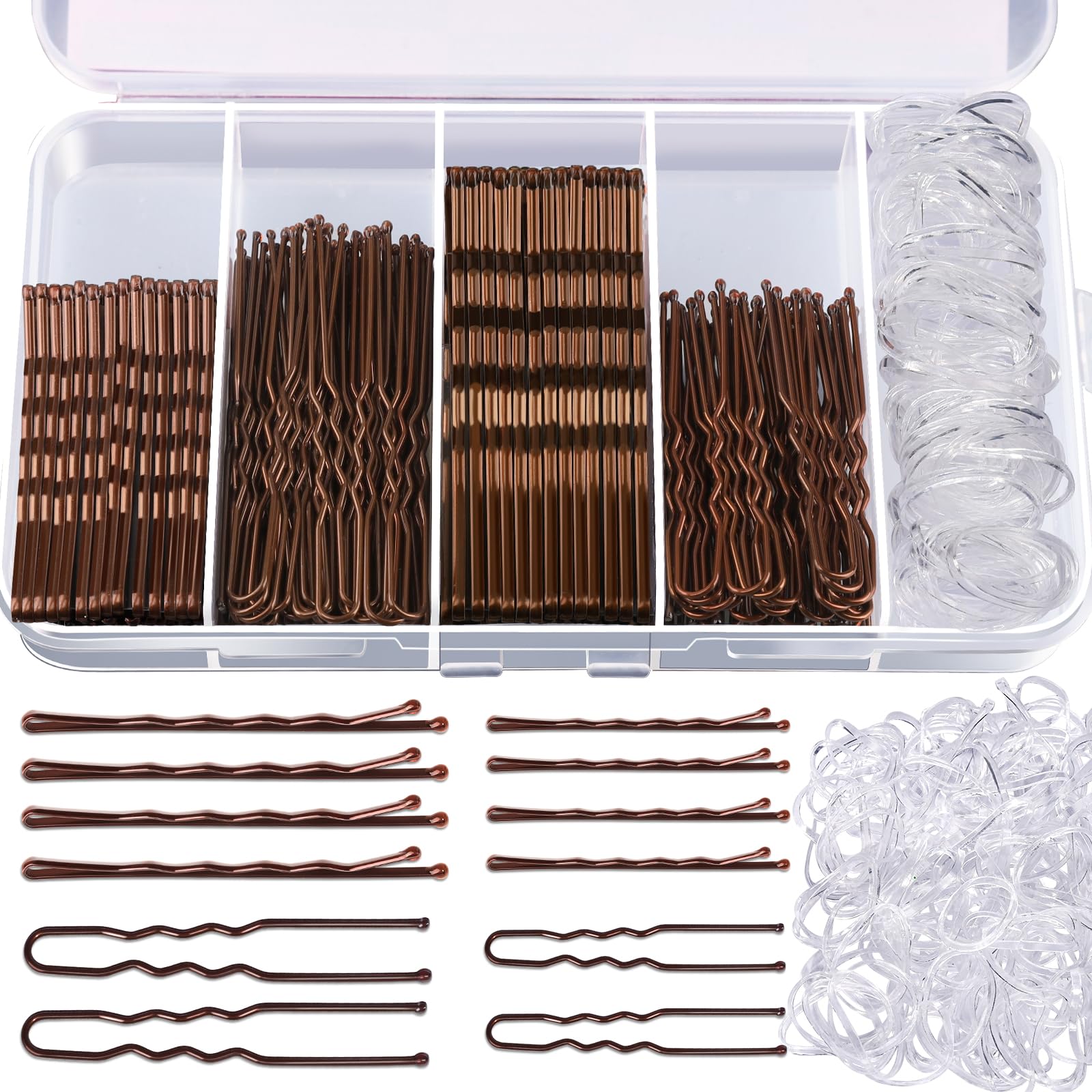 Teenitor 300pcs Bobby Pins Hair Pins Kit, 100 Hair Pins for Women 100 Bobby Pins Brown Hair and 100 Hair Bands, Hair Pins for Bu