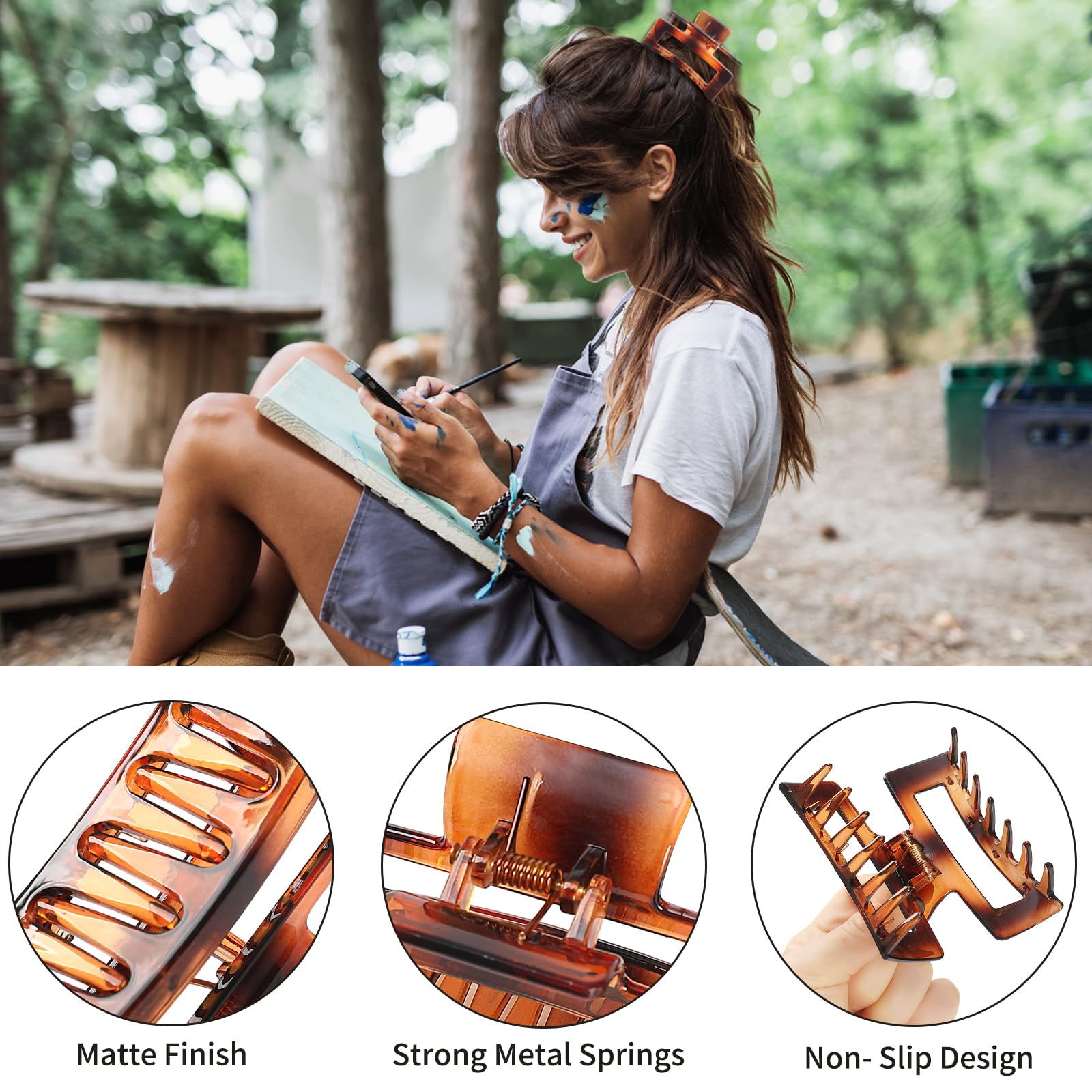 Sisiaipu 3.5 Inch Medium Hair Claw Clips 6 Pack Brown Hair Clips For Women Square Claw Clips Rectangle Clips For Hair Banana Jaw