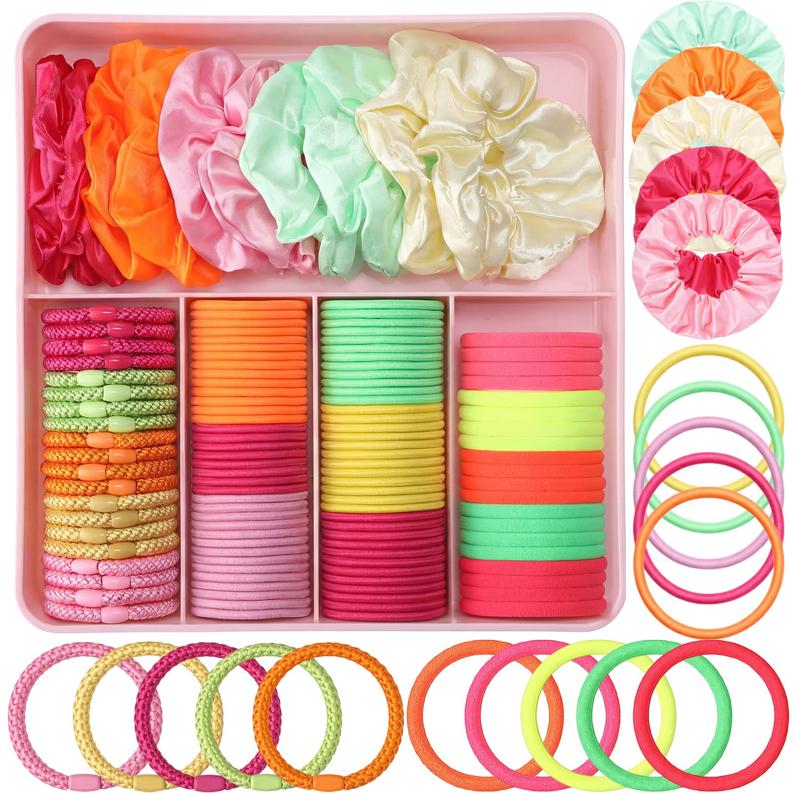 Chuangdi 150 PC Bright Colored Hair Ties, 5 Styles, Seamless Elastic Hairbands for Thick Thin Hair, No Damage and No Creases, Ni