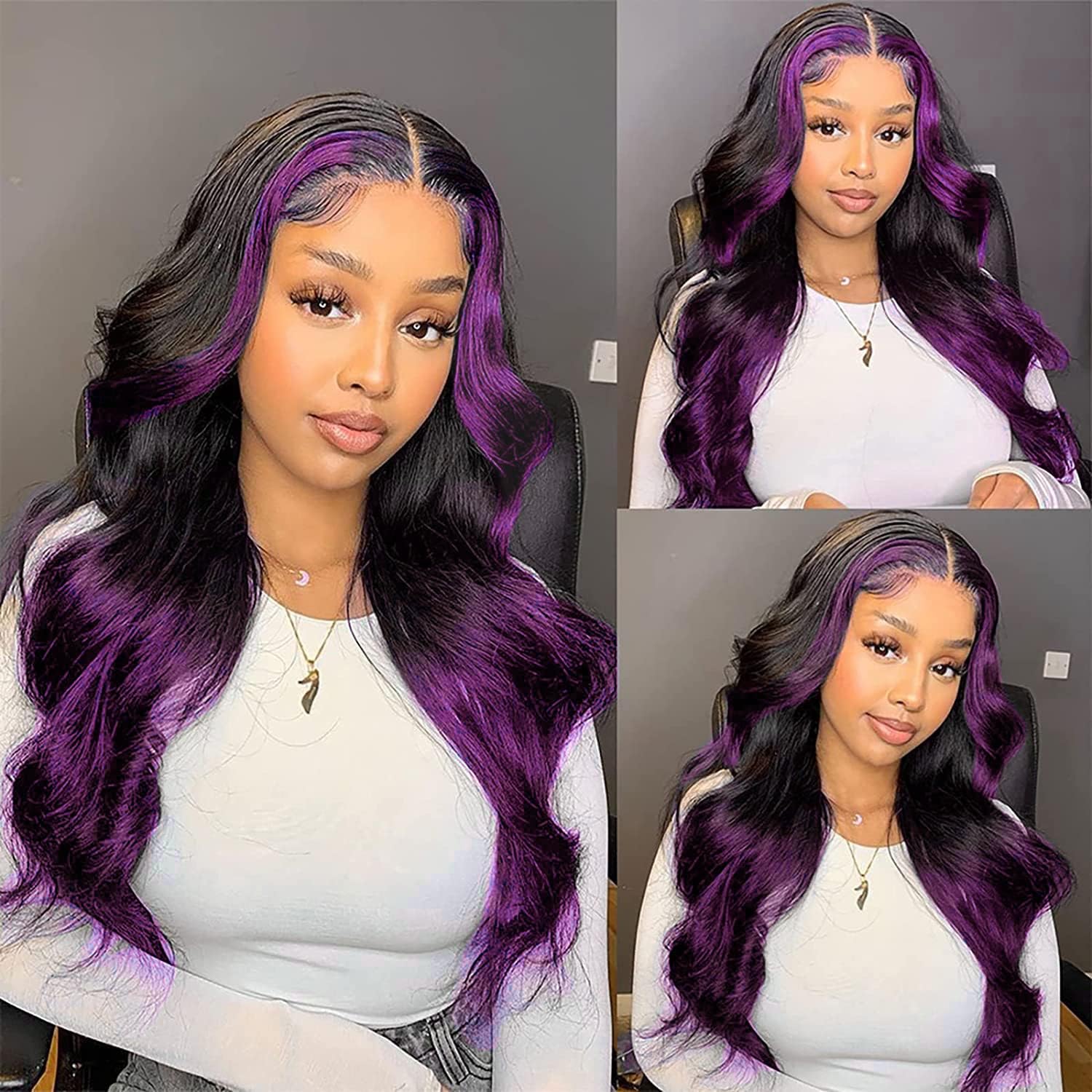 Goldfinch Skunk Stripe Wigs Human Hair Lace Front Purple Highlights Wig 13X4 Hd Dark Burgundy Highlight Body Wave 150% Density P